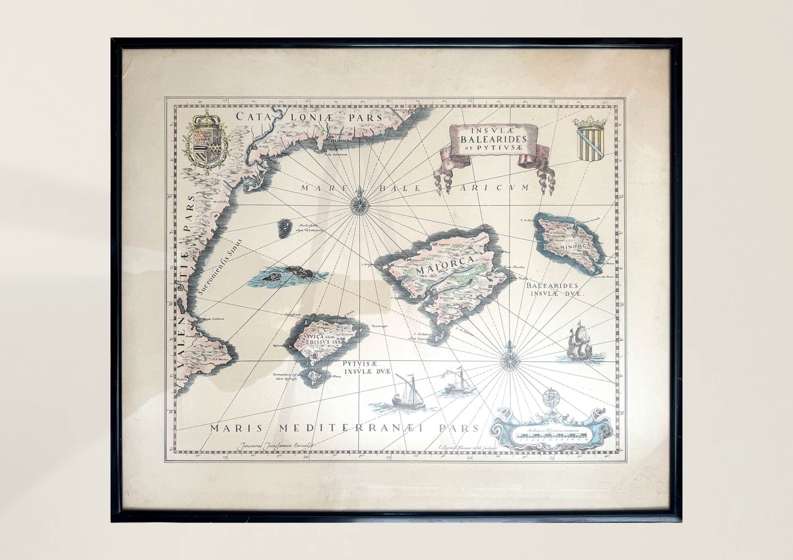 19th Century Artisan Janssonius Map Of Catalonia & The Balearic Islands | Double Marked Guarro Antique