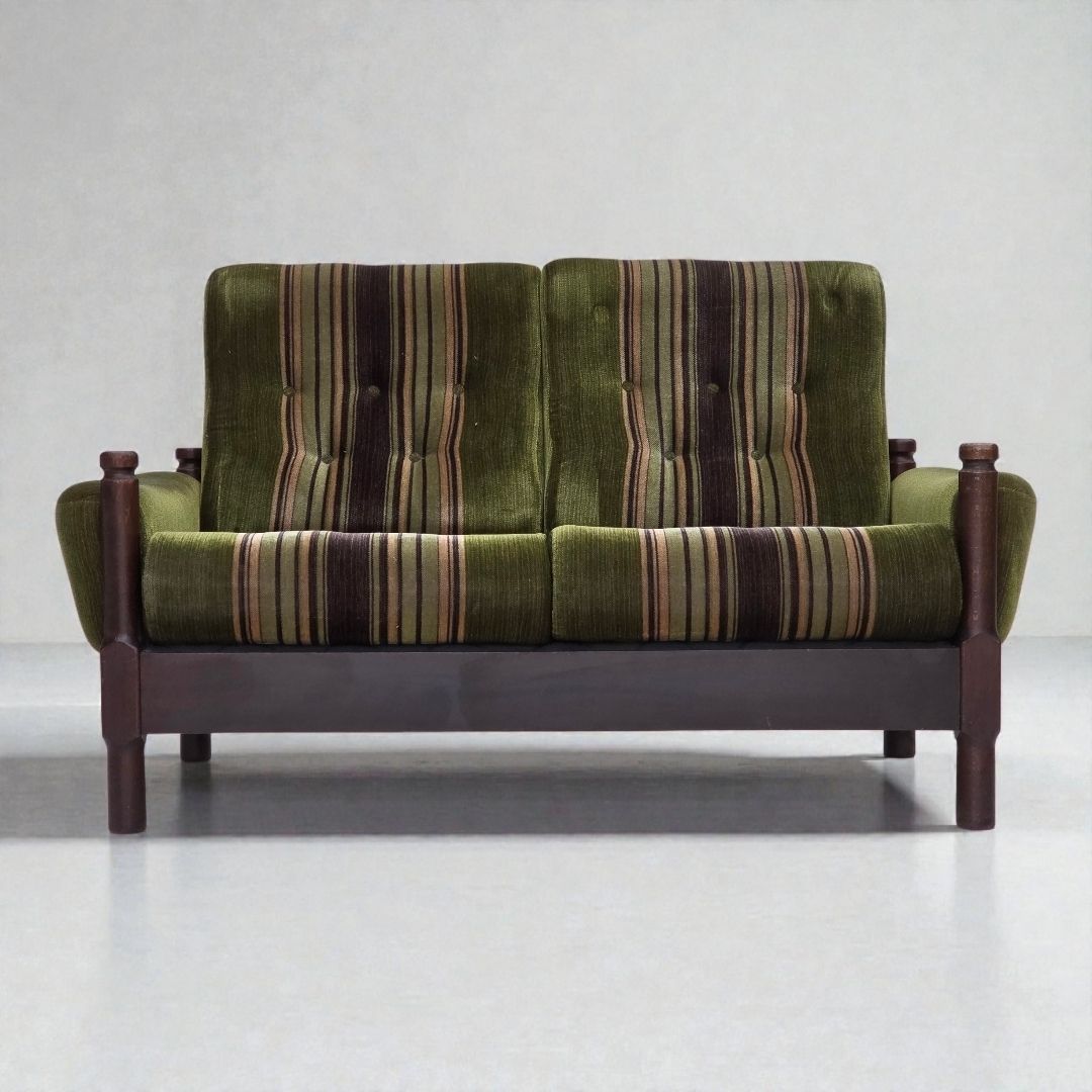 1970s, Scandinavian 2 Seater Sofa, Green Furniture Velour, Beech Wood.