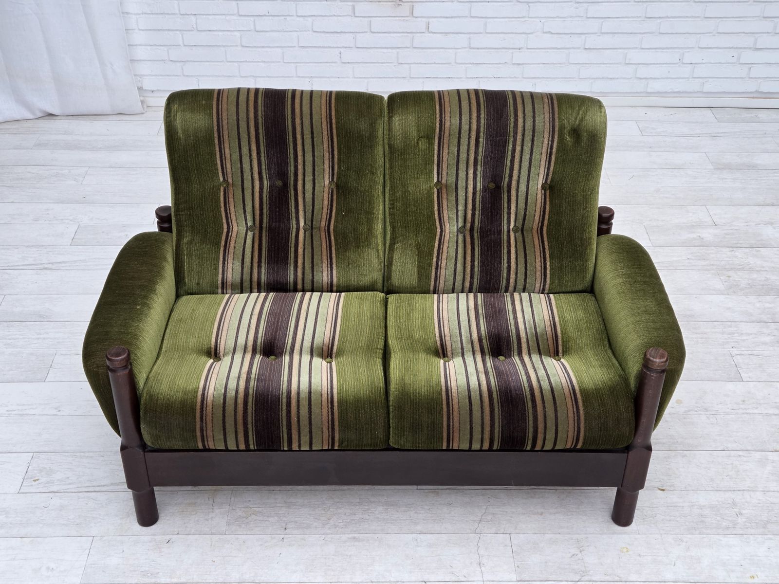 1970s, Scandinavian 2 Seater Sofa, Green Furniture Velour, Beech Wood. photo furniture
