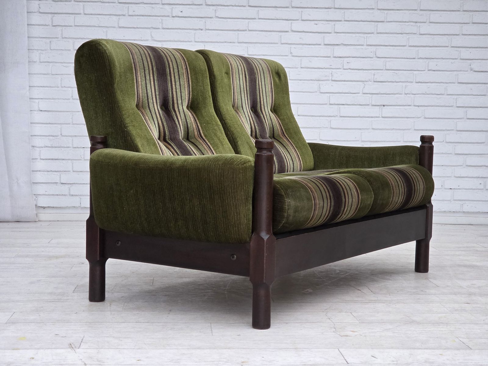 1970s, Scandinavian 2 Seater Sofa, Green Furniture Velour, Beech Wood. photo vinterior