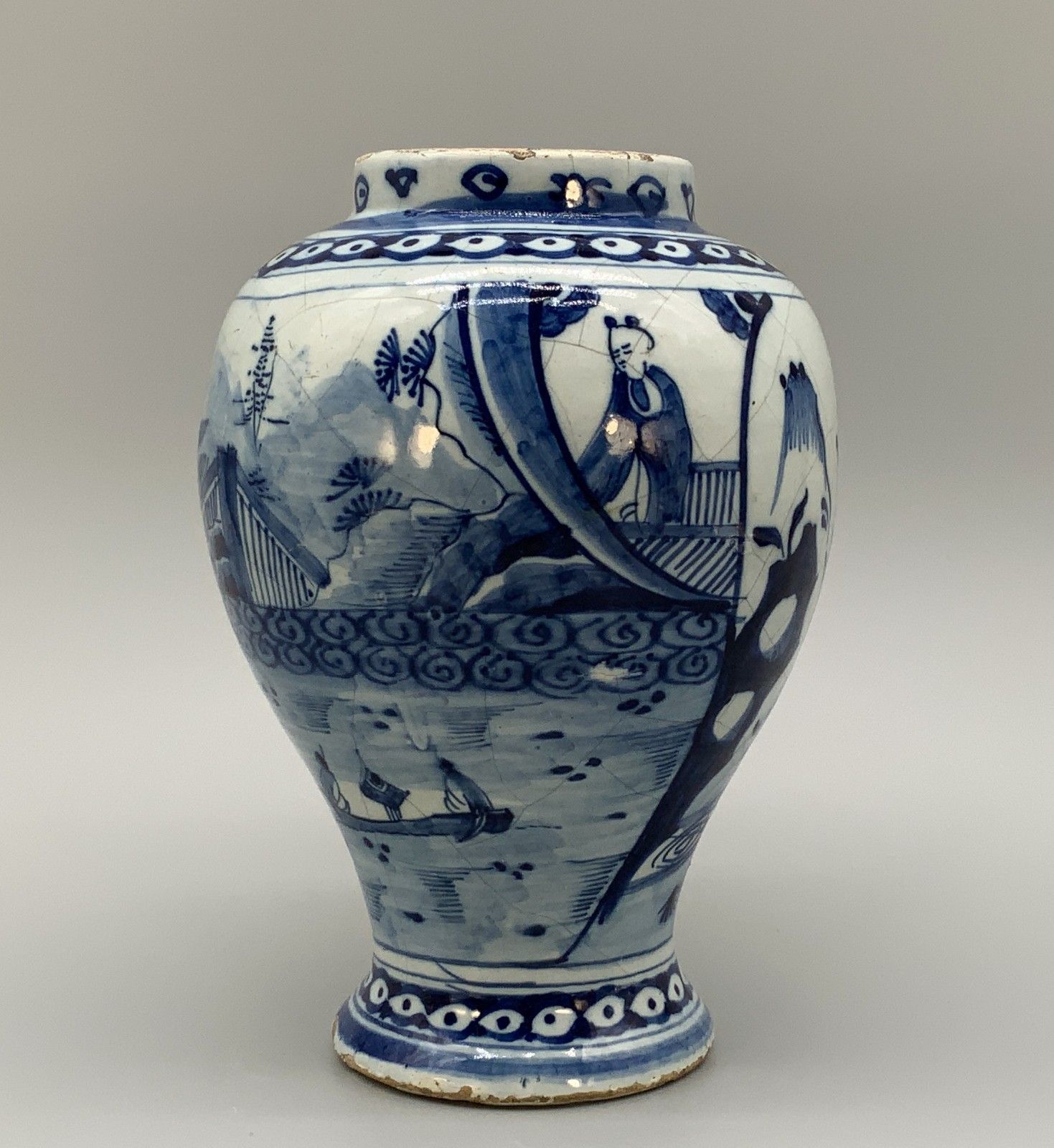 A Circa 1700 Dutch Delft Chinoiserie Blue & White Vase Antique Faience Delftware