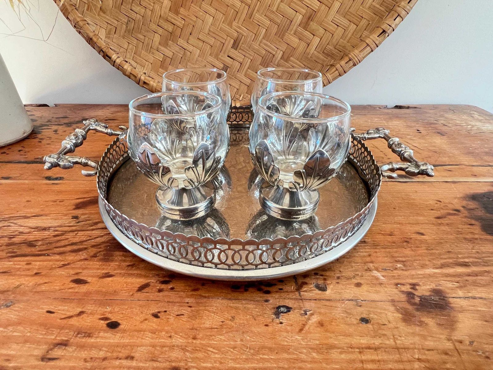 Vintage Silver Metal Gallery Serving Tray & Glasses | Ornate Etched Round Drink Tray | 4 Piece Glassware Set Leaf Bases Mid Century Barware photo furniture