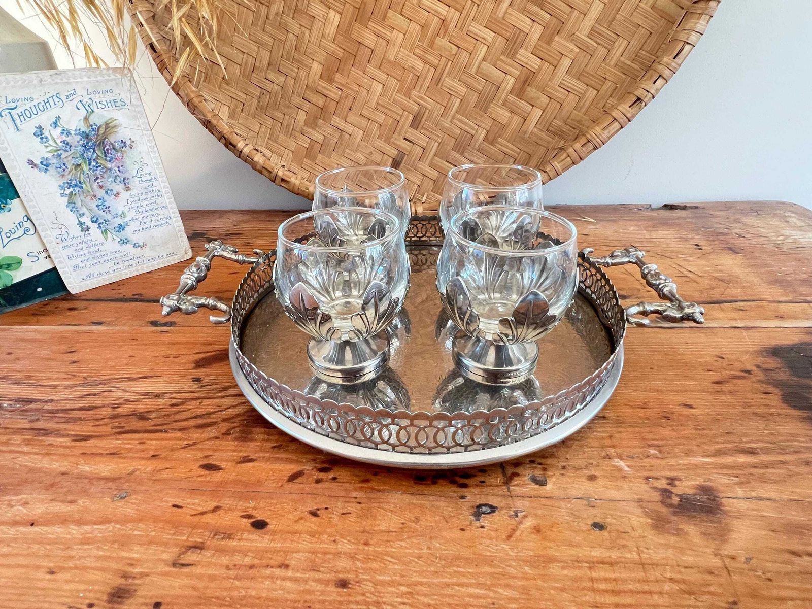 Vintage Silver Metal Gallery Serving Tray & Glasses | Ornate Etched Round Drink Tray | 4 Piece Glassware Set Leaf Bases Mid Century Barware photo Home Decor