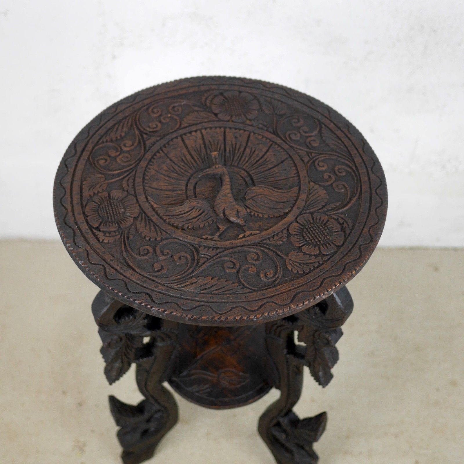 Antique Carved Peacock Asian Hard Dark Wood Lamp Side Table Plant Stand #103112 photo Furniture
