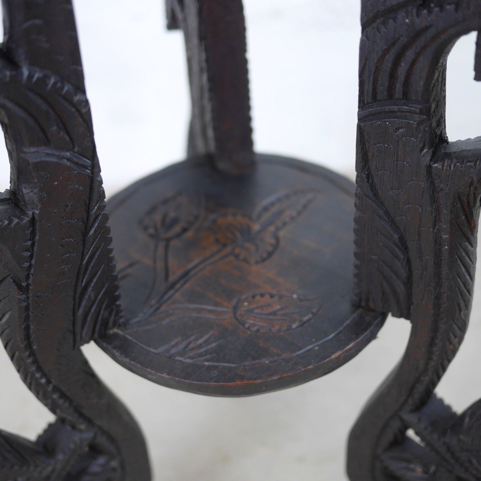 Antique Carved Peacock Asian Hard Dark Wood Lamp Side Table Plant Stand #103112 photo vintage