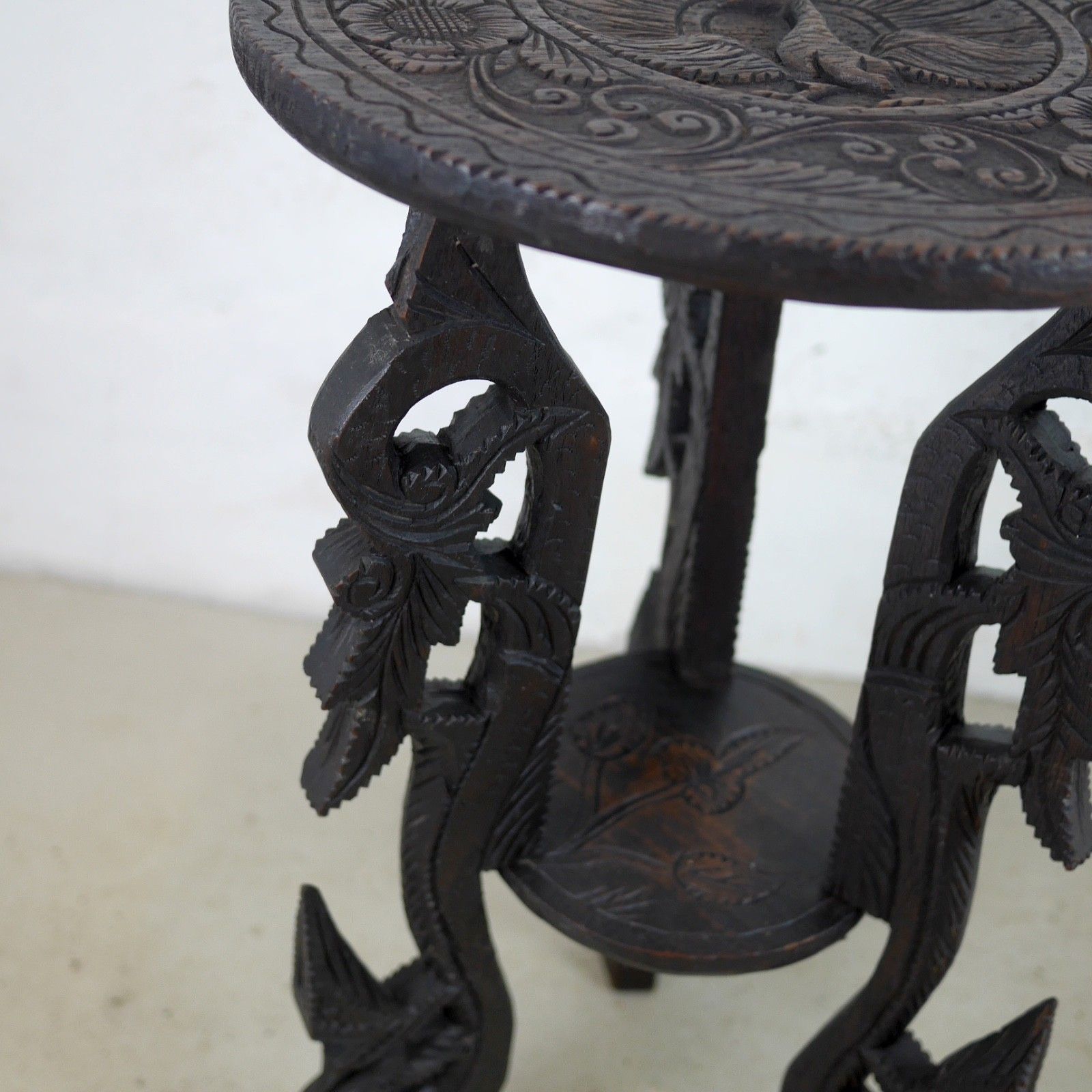 210.0 Antique Carved Peacock Asian Hard Dark Wood Lamp Side Table Plant Stand #103112 photo