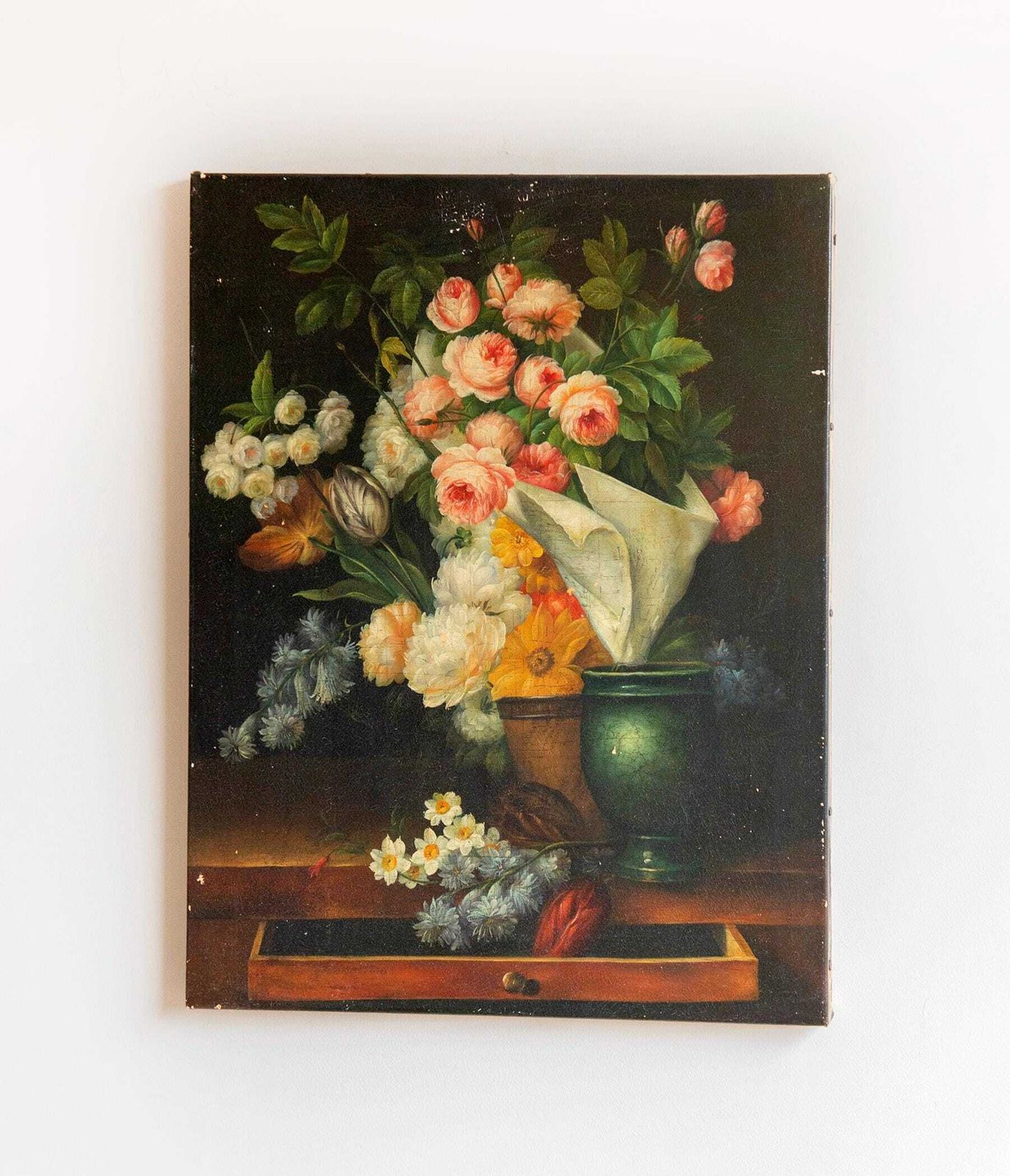 Antique Dutch Still Life Flower Painting On Canvas, C. 1900, Dark Floral Arrangement