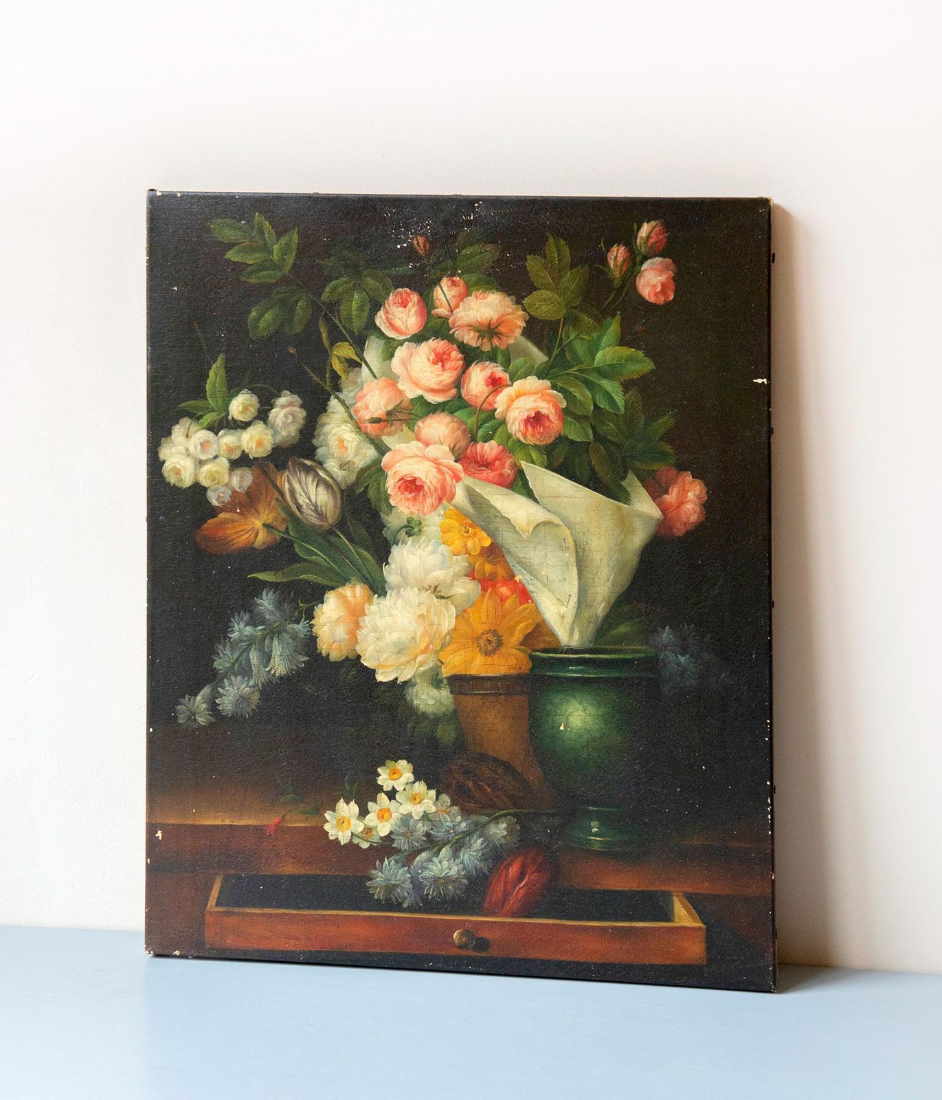 Antique Dutch Still Life Flower Painting On Canvas, C. 1900, Dark Floral Arrangement photo furniture