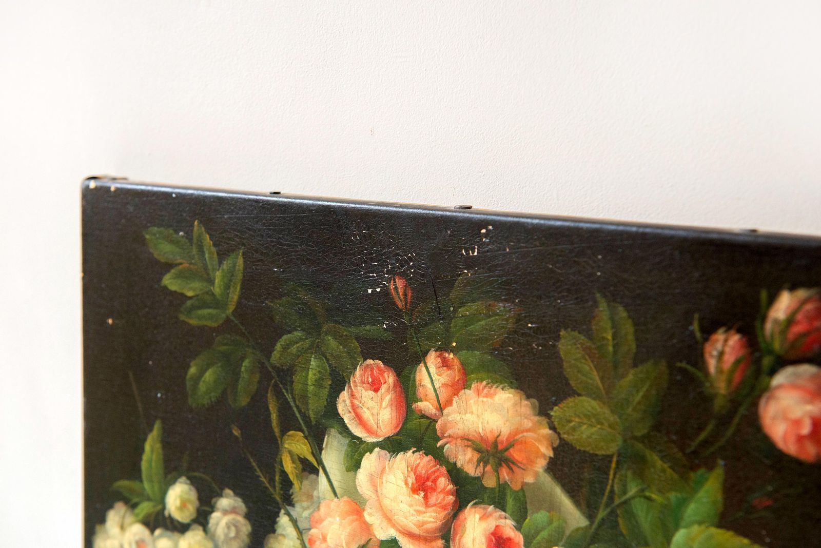 Antique Dutch Still Life Flower Painting On Canvas, C. 1900, Dark Floral Arrangement photo vinterior