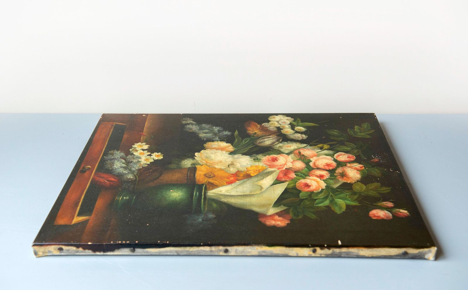photo for sale Antique Dutch Still Life Flower Painting On Canvas, C. 1900, Dark Floral Arrangement