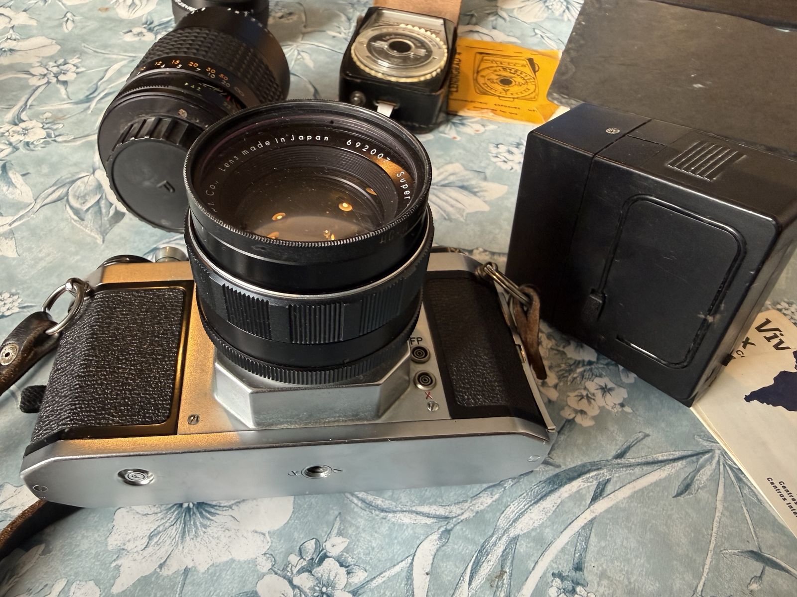 photo for sale Vintage Asgahi Pentax Sv 35mm Slr Camera Complete With Period ( British Grand Prix Stickers)  Case, Exposure Meter And Lenses