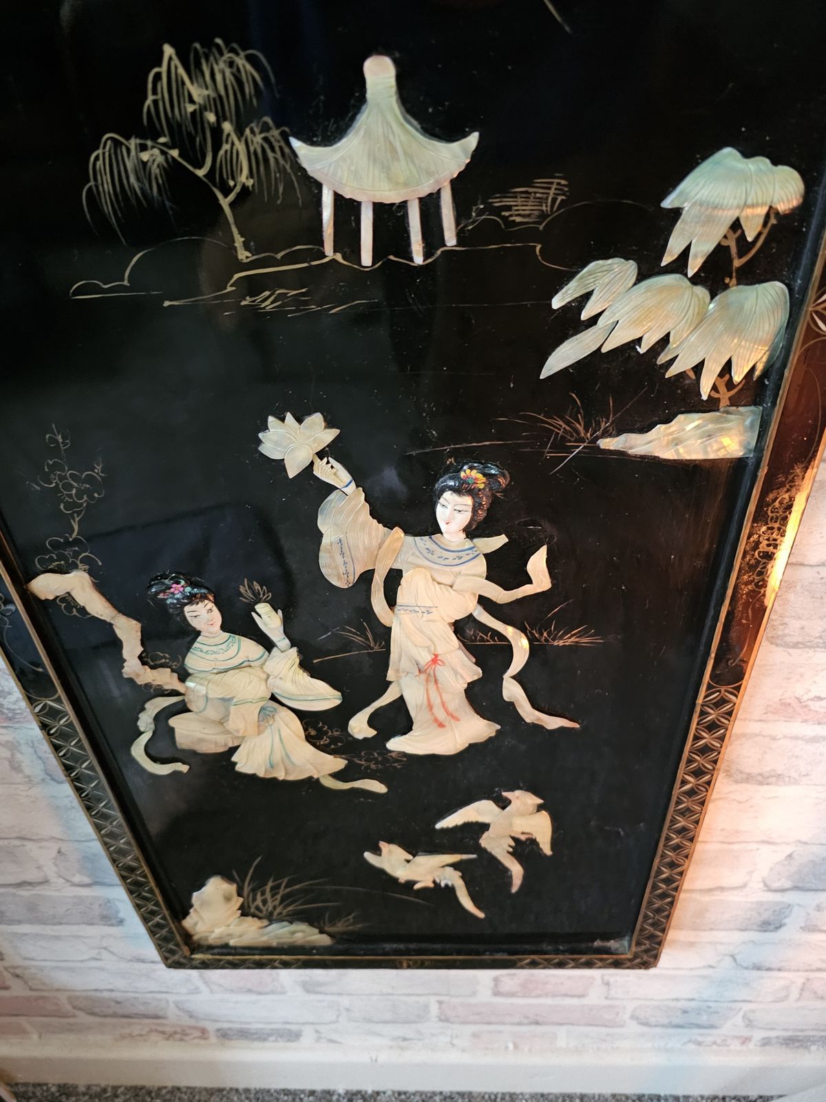 Vintage Black Lacquered Wall Panel With Mother Of Pearl Inlay photo furniture