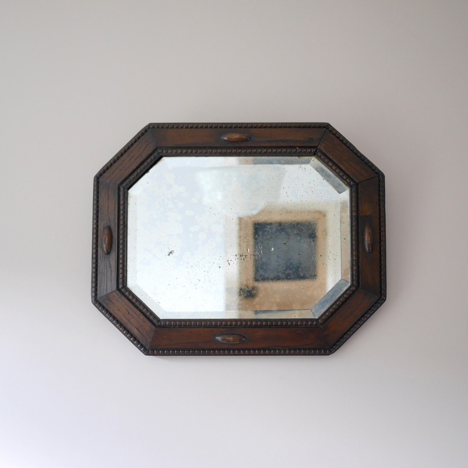 Antique 1920s Dark Oak Wood Bevelled Timeworn Wall Mirror #103197
