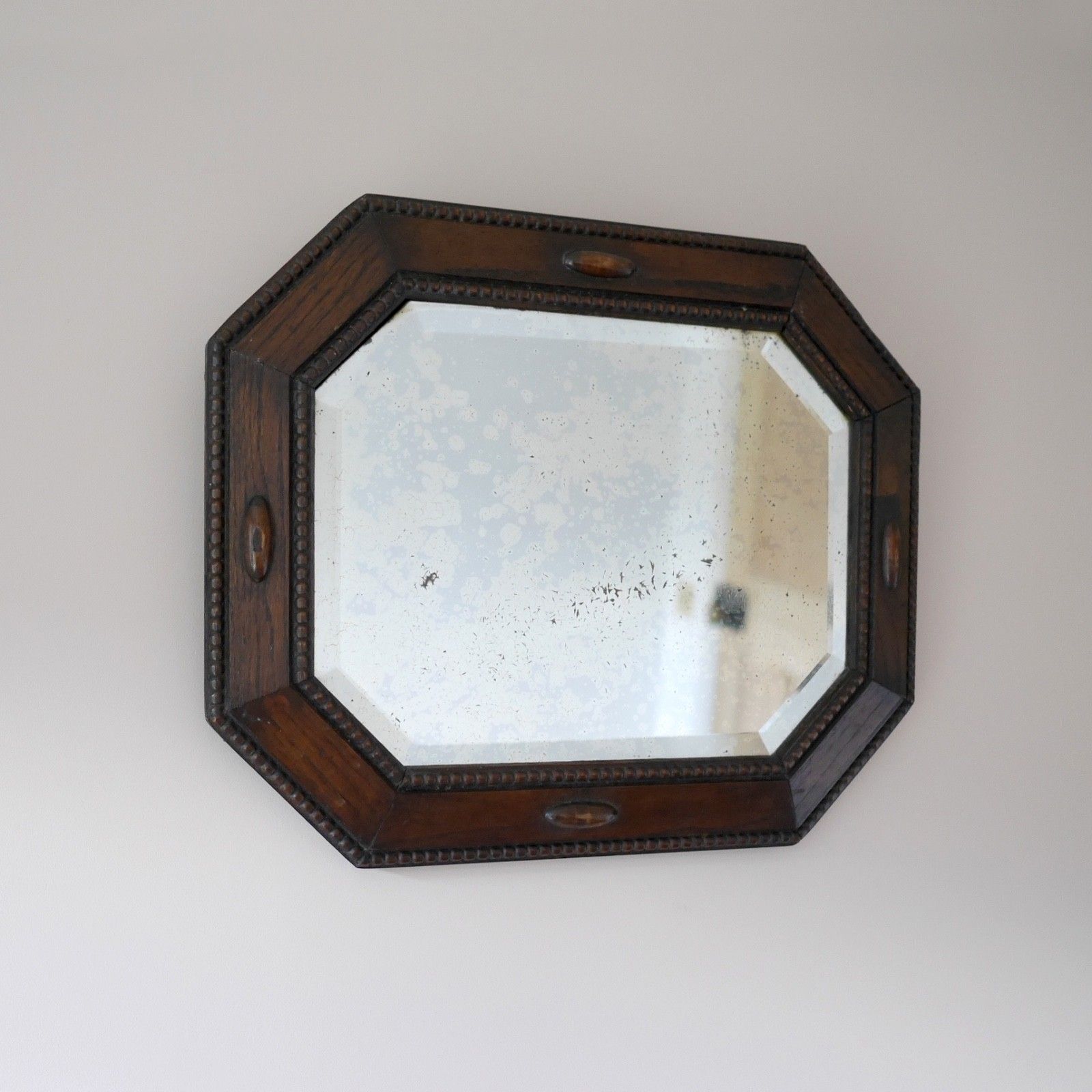 Antique 1920s Dark Oak Wood Bevelled Timeworn Wall Mirror #103197 photo furniture