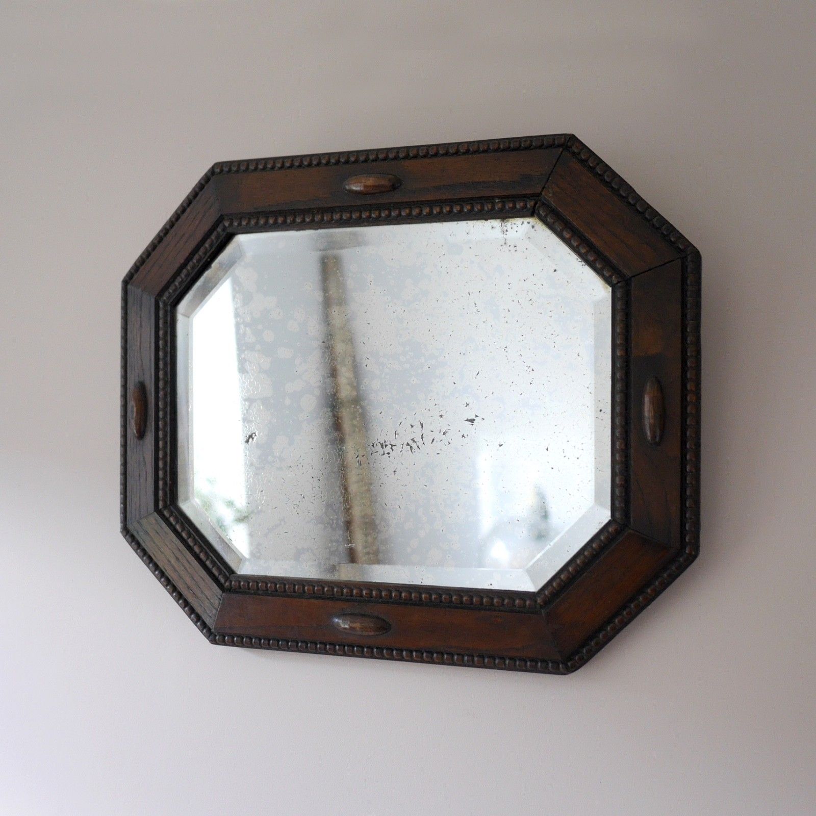 Antique 1920s Dark Oak Wood Bevelled Timeworn Wall Mirror #103197 photo 95.0