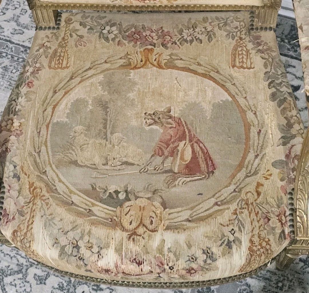 A Pair Of 19thc Louis XVI Style French Fauteuils Tapestry Upholstery Chairs photo vintage
