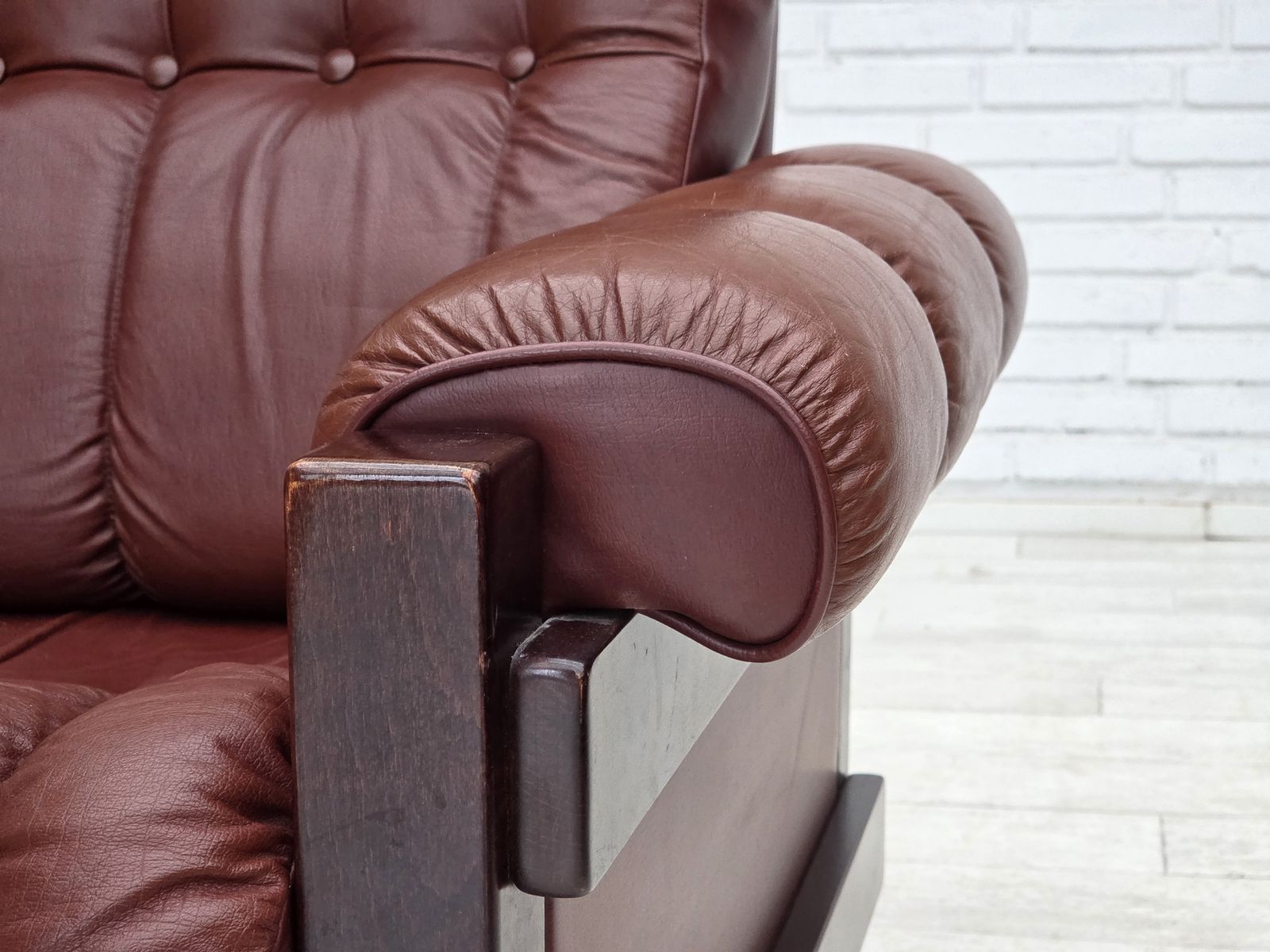 1970s, Scandinavian Armchair, Furniture Leather, Dark Beech Wood. photo buy