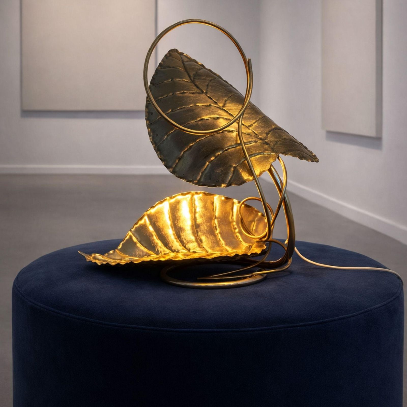 Italian Brass Leaf Table Lamp In The Style Of Tommaso Barbi, 1970s photo furniture