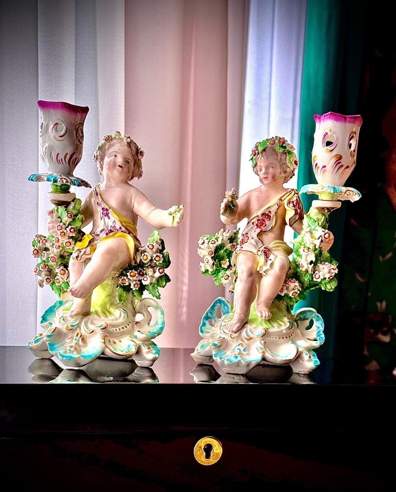 Pair Of 18th Century Georgian Derby Porcelain Cherub Candlesticks, England C.1760–1780