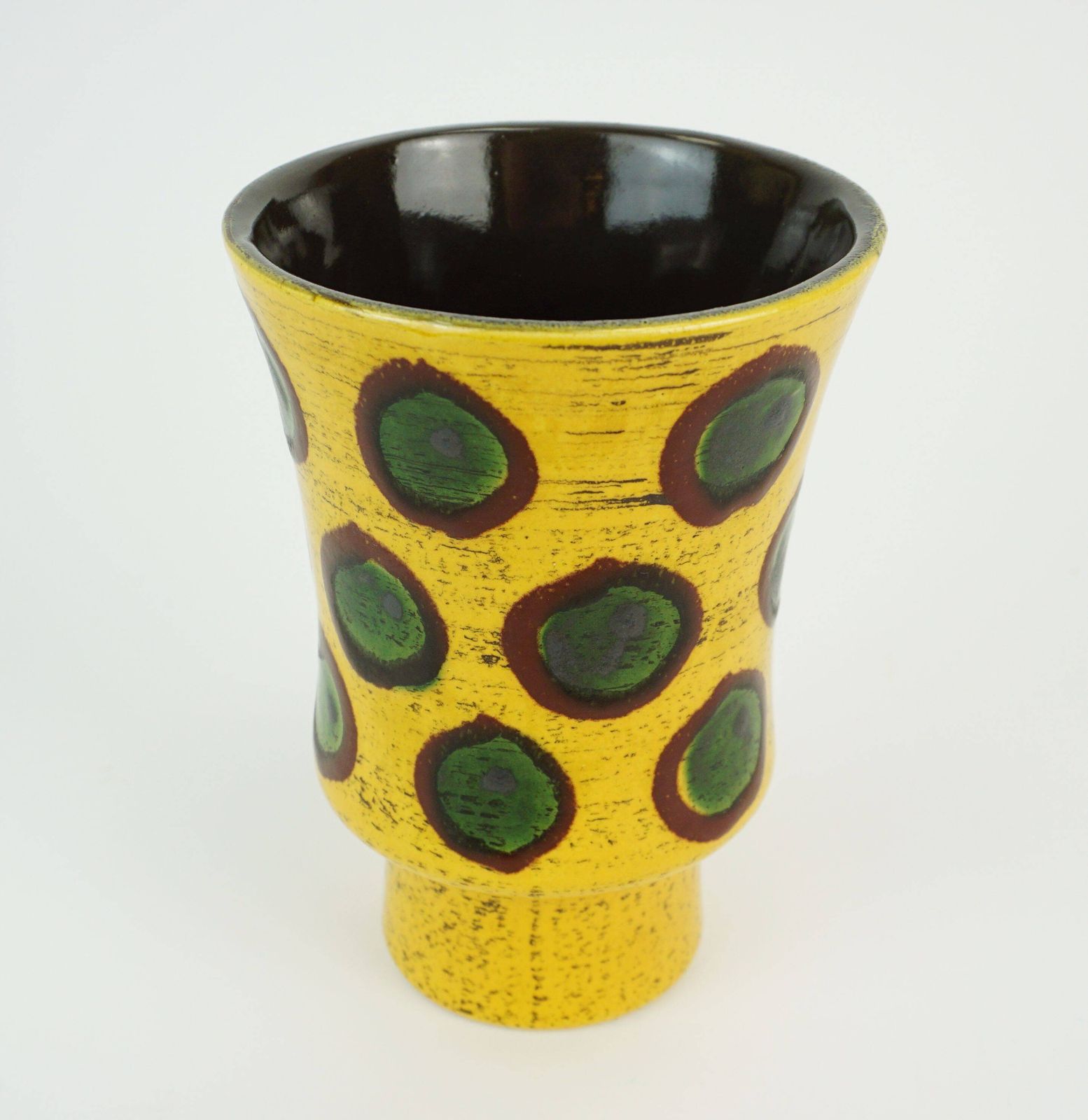Hand Painted Strehla Gdr Ceramic Vase, Colorful Yellow, Brown, And Green With Polka photo for sale