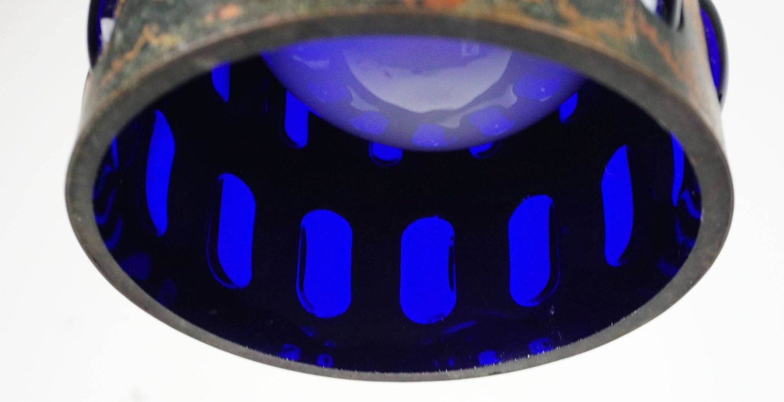 Mid Century Pendant Lamp In Flamed Copper And Blue Glass From The 1960s, 3 Available photo vinterior