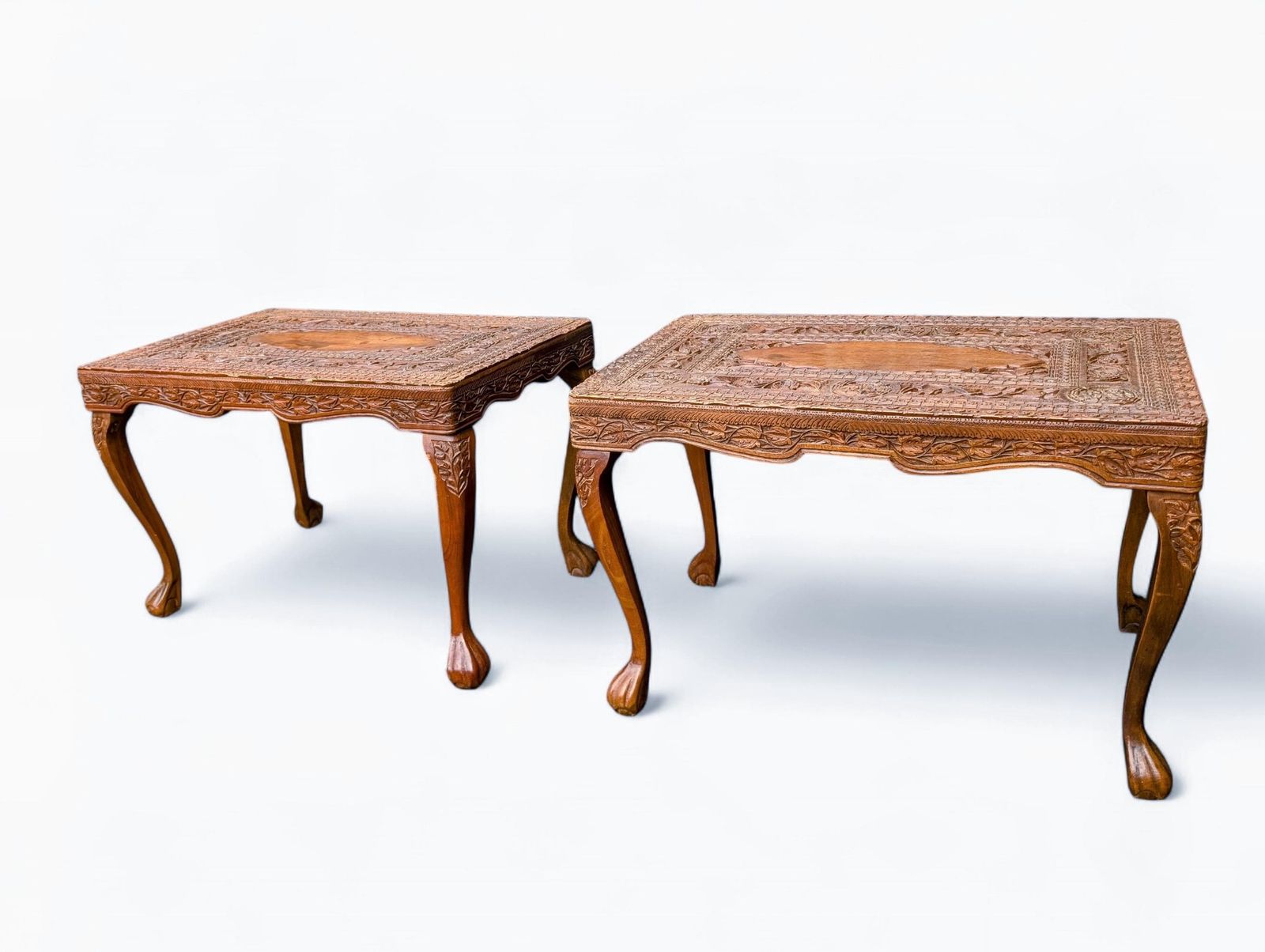 Pair Of Anglo Indian Carved Side Tables, Colonial Low Bedside Tables, C.1900–1925 photo for sale