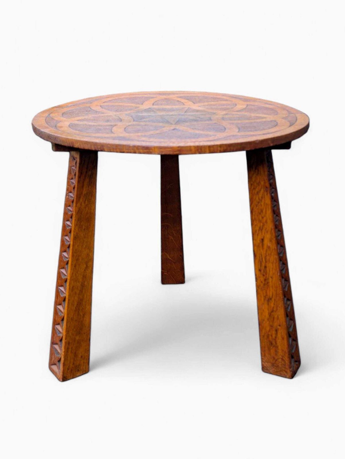 Arts & Crafts Oak Side Table: Carved Geometric Top, Chip Carved Legs photo furniture