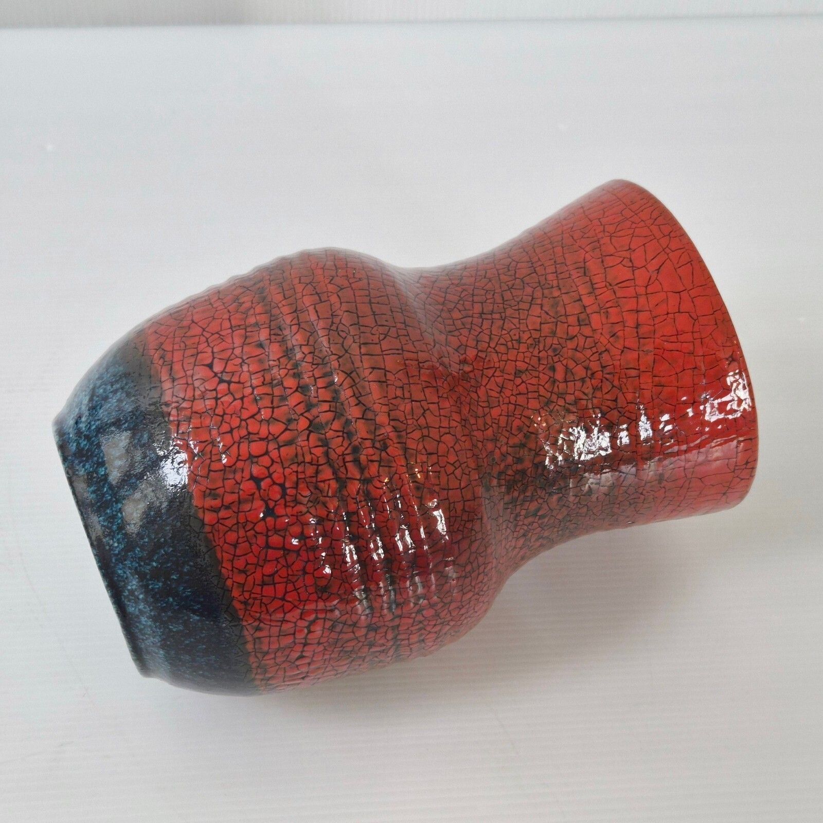 324.0 Vintage Red & Blue Ceramic Cracklee Accolay Vase 1960 Accolay Sign 60s photo
