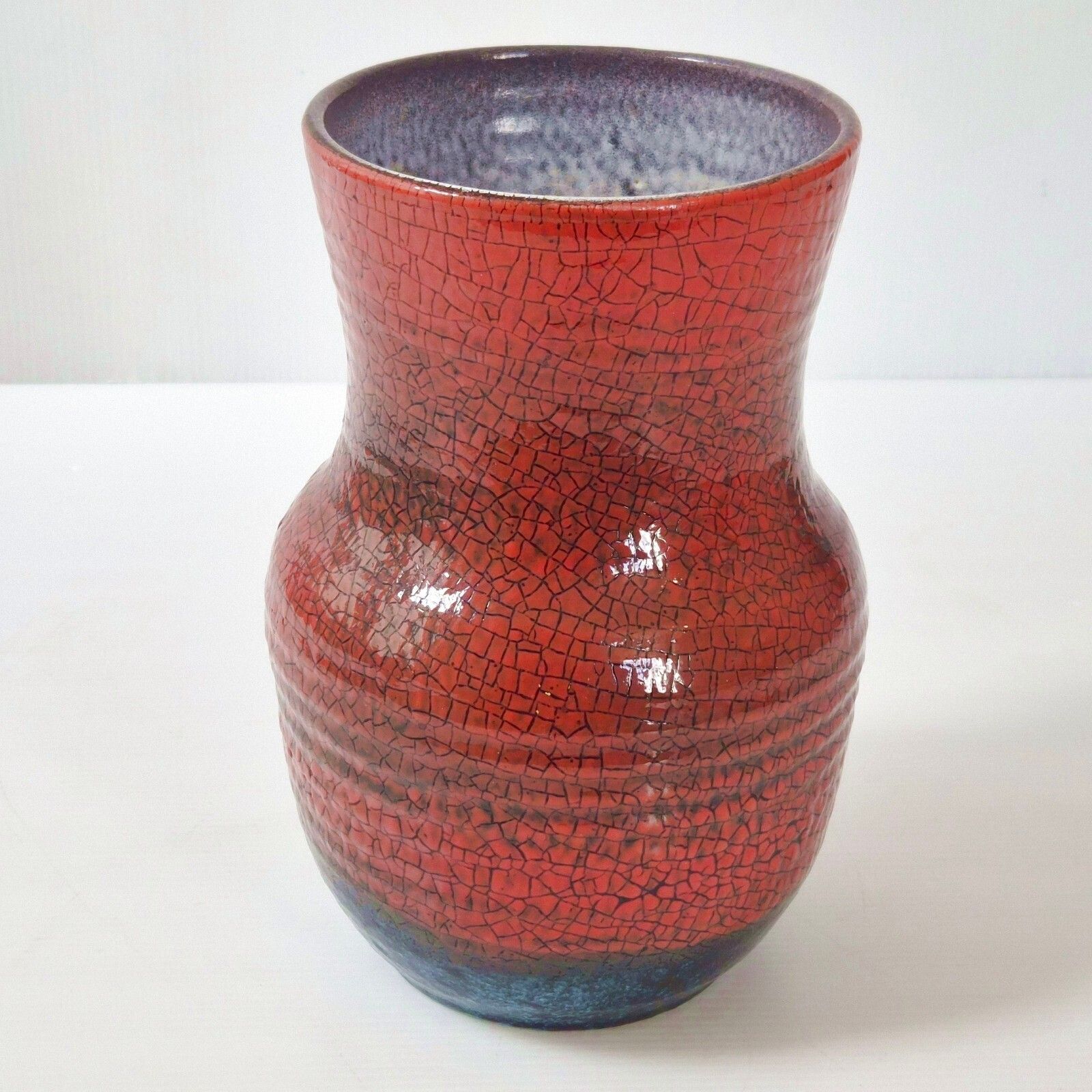 photo vinterior Vintage Red & Blue Ceramic Cracklee Accolay Vase 1960 Accolay Sign 60s