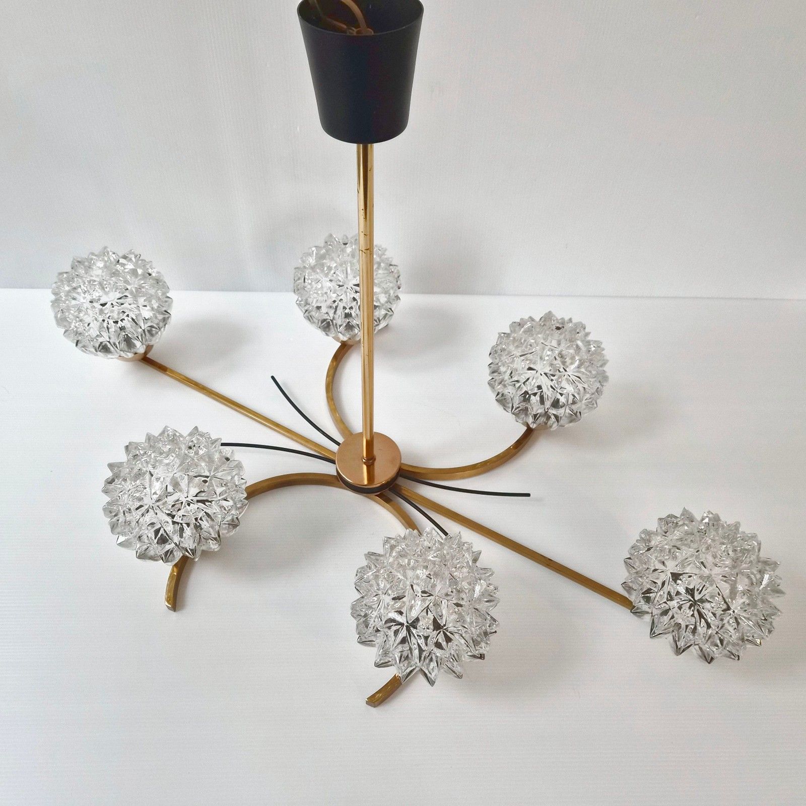 Vintage 1950 House Arlus Pendant Chandelier Brass Gold Metal & Glass 50s photo furniture