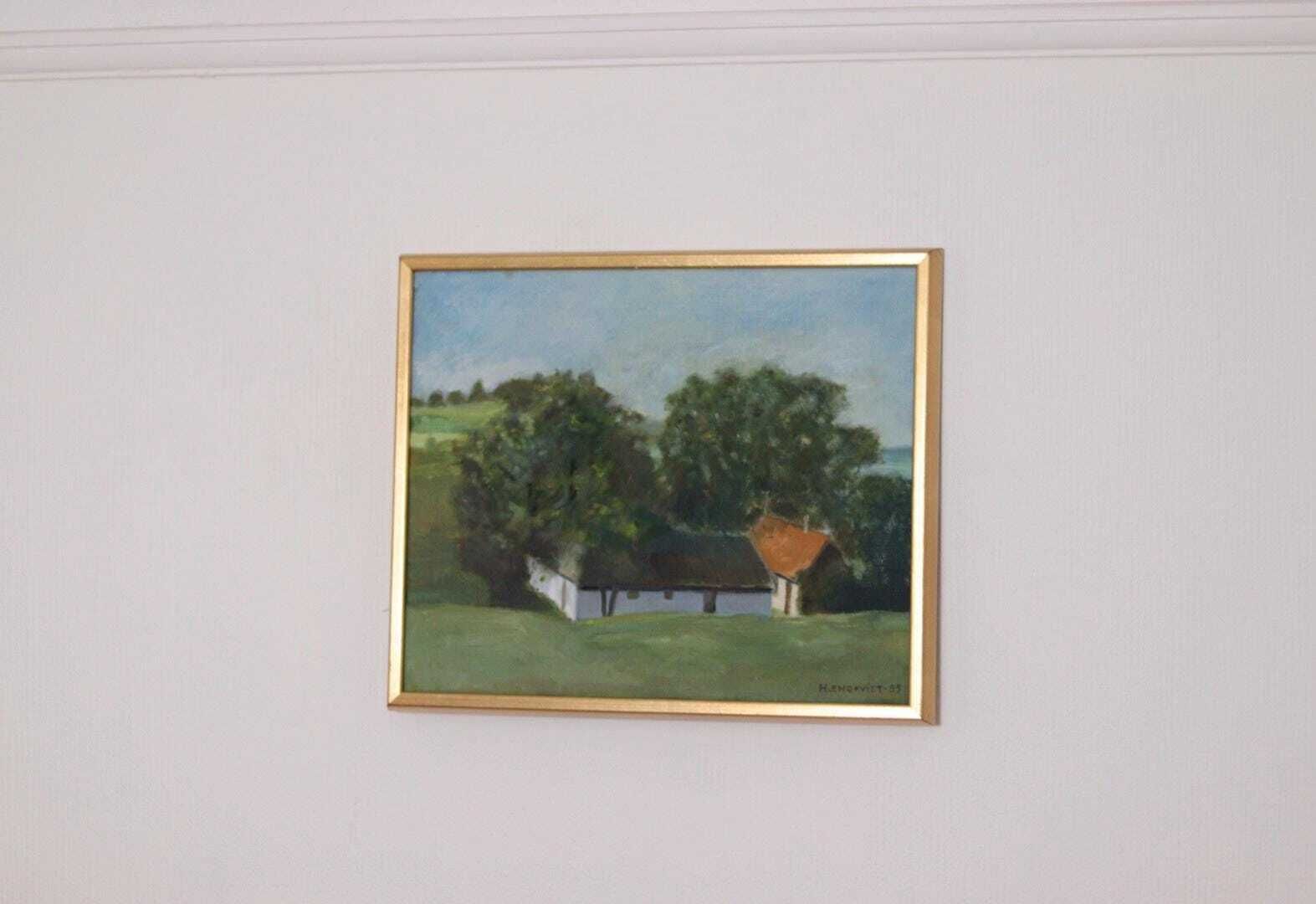 Original Swedish Oil On Canvas – “Landscape With Farm” By H. Engkvist – Dated 1983 – Vintage & Framed – 41 × 50 Cm (16.1" × 19.7") photo furniture
