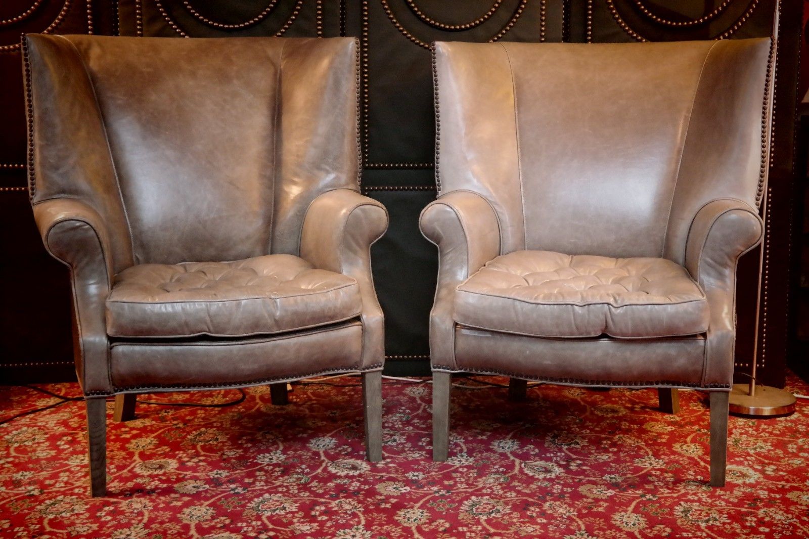 Pair Ralph Lauren Restoration Hardware Drake Cigar Leather Armchairs Granite 🚚 photo for sale
