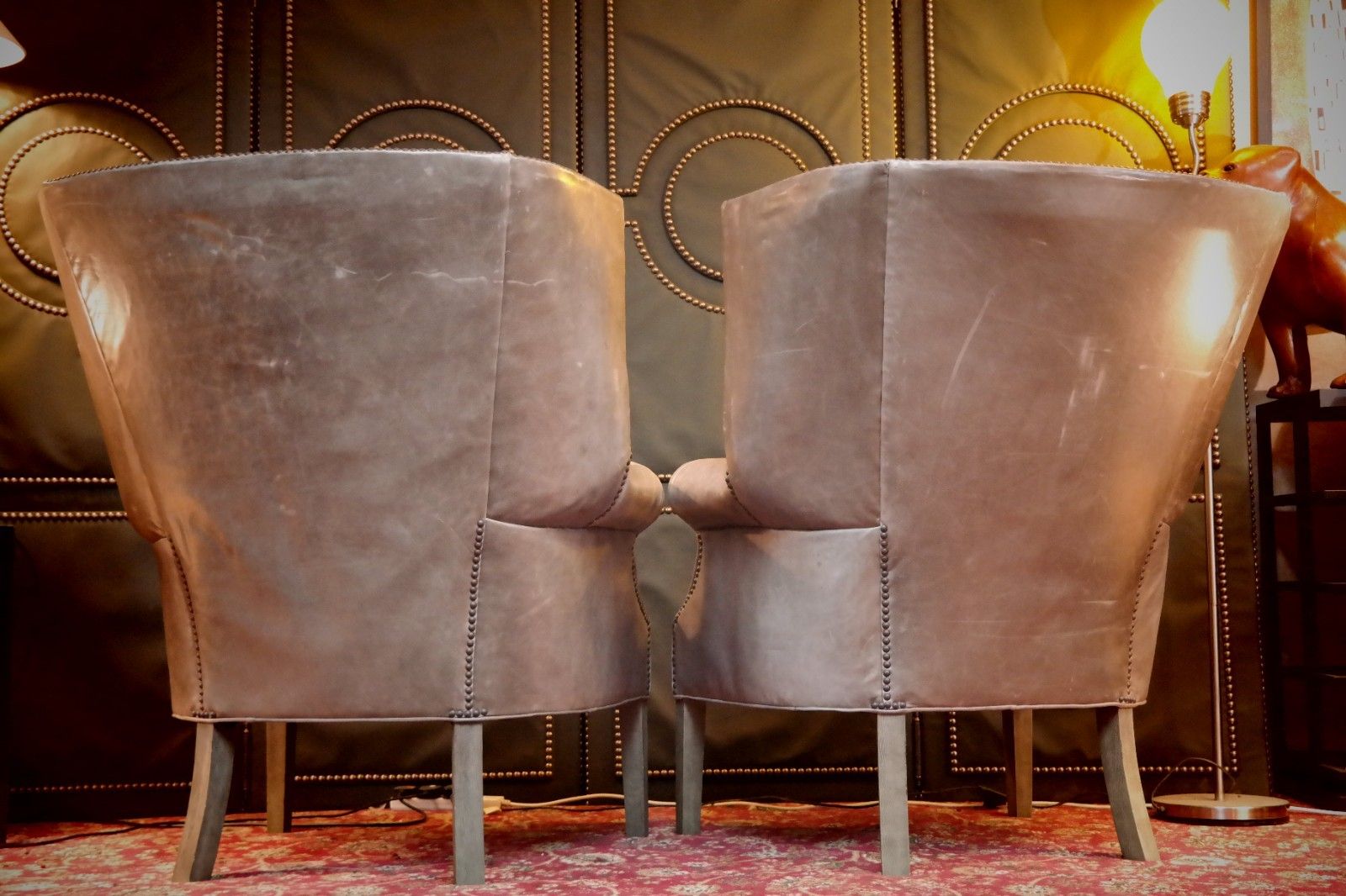 Pair Ralph Lauren Restoration Hardware Drake Cigar Leather Armchairs Granite 🚚 photo vintage