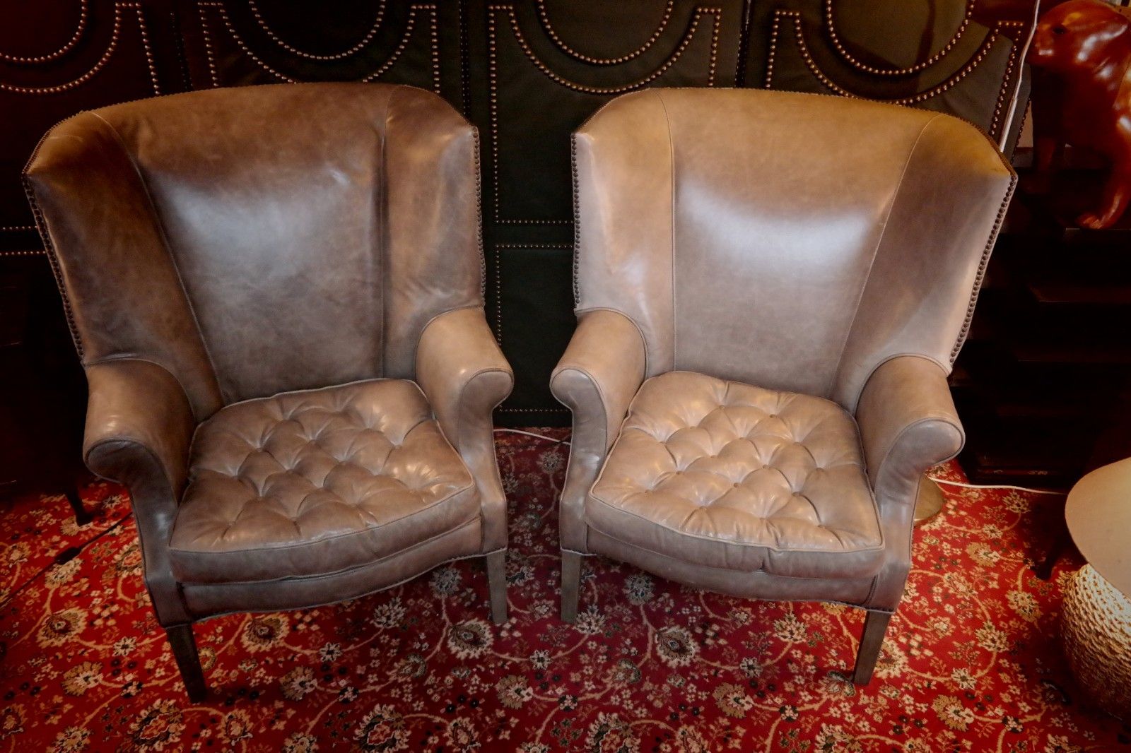 photo furniture Pair Ralph Lauren Restoration Hardware Drake Cigar Leather Armchairs Granite 🚚
