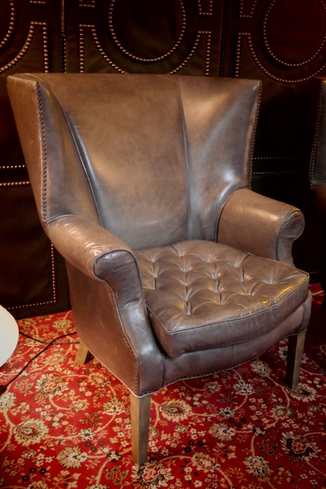 Pair Ralph Lauren Restoration Hardware Drake Cigar Leather Armchairs Graphite 🚚 photo 3800.0