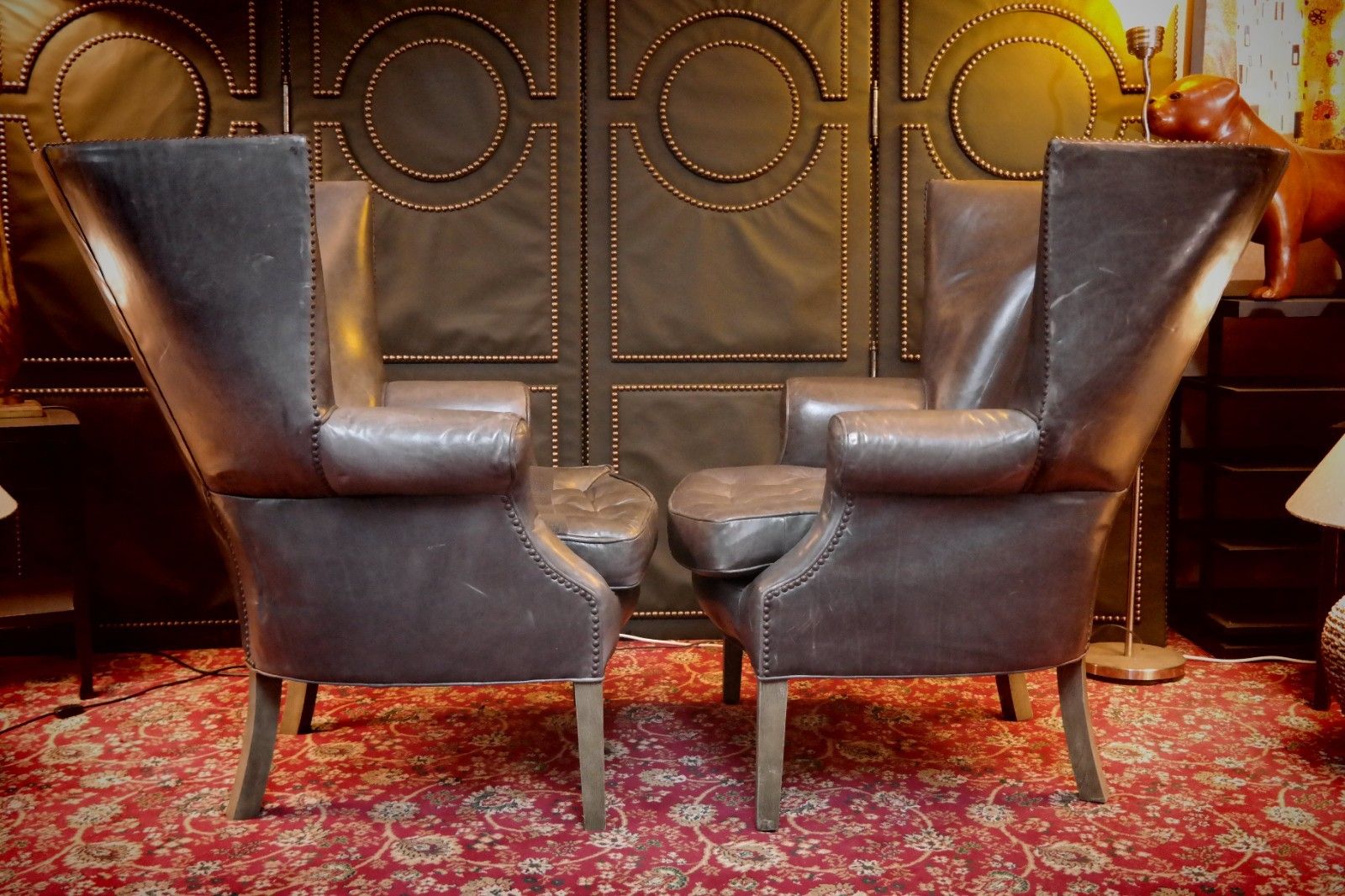 photo furniture Pair Ralph Lauren Restoration Hardware Drake Cigar Leather Armchairs Graphite 🚚