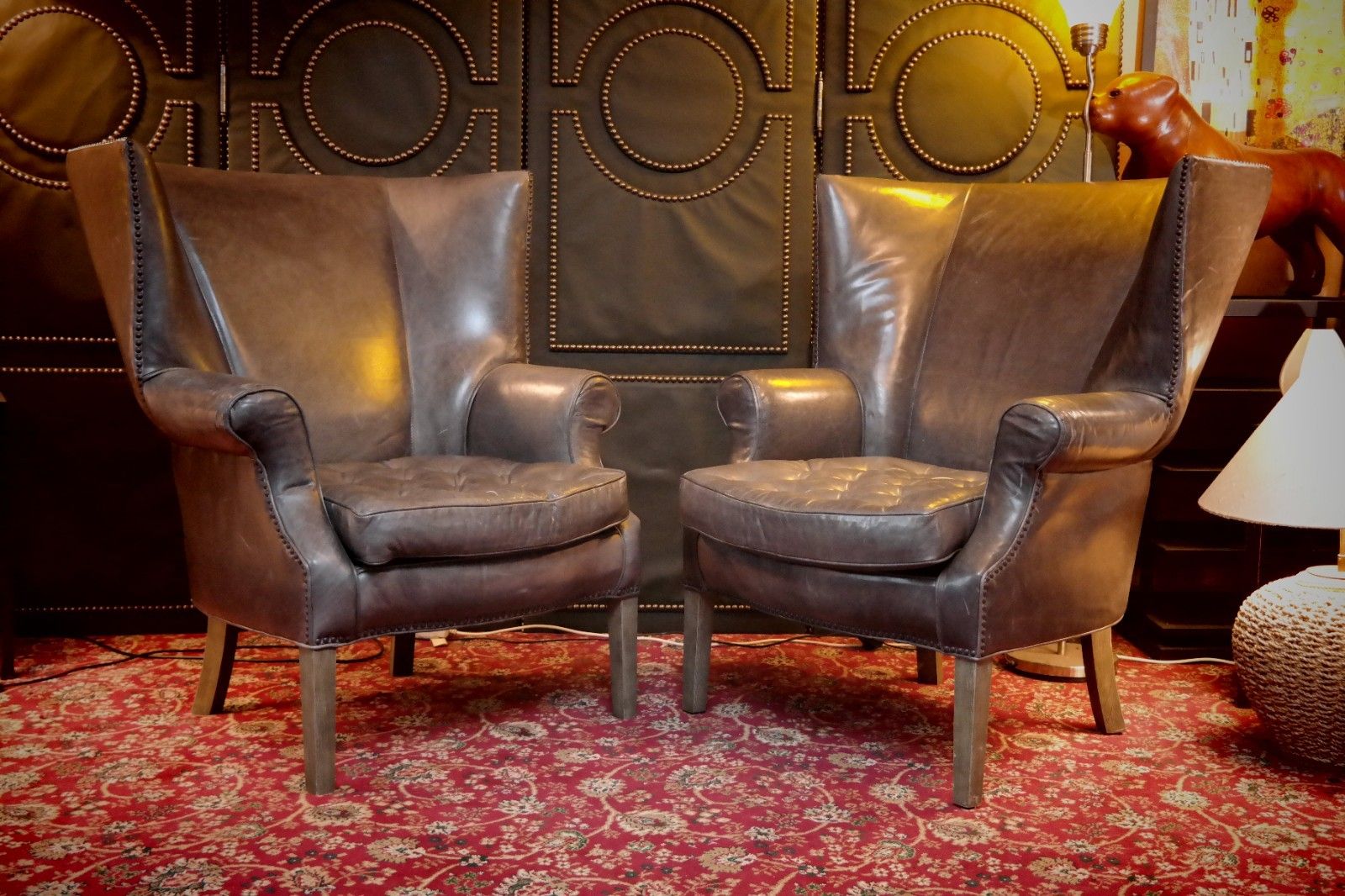 Furniture Pair Ralph Lauren Restoration Hardware Drake Cigar Leather Armchairs Graphite 🚚 photo