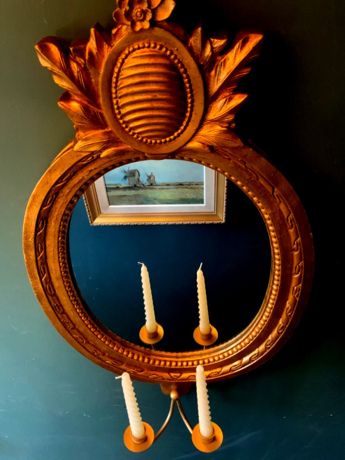 Vintage Wall Mirror In Gold Frame With 2 Candle Sticks Swedish Gustavian Style photo for sale
