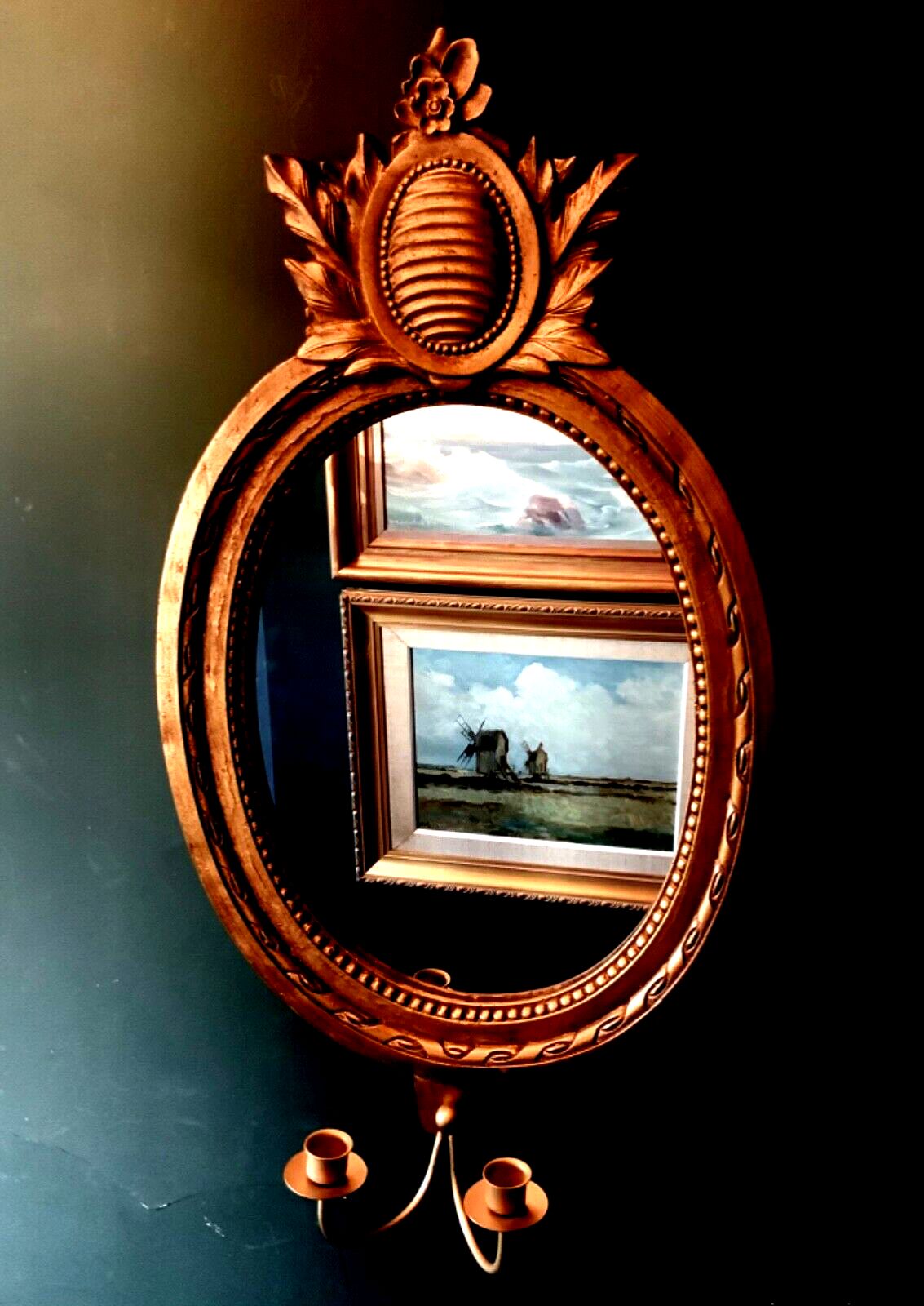 Vintage Wall Mirror In Gold Frame With 2 Candle Sticks Swedish Gustavian Style photo Home Decor