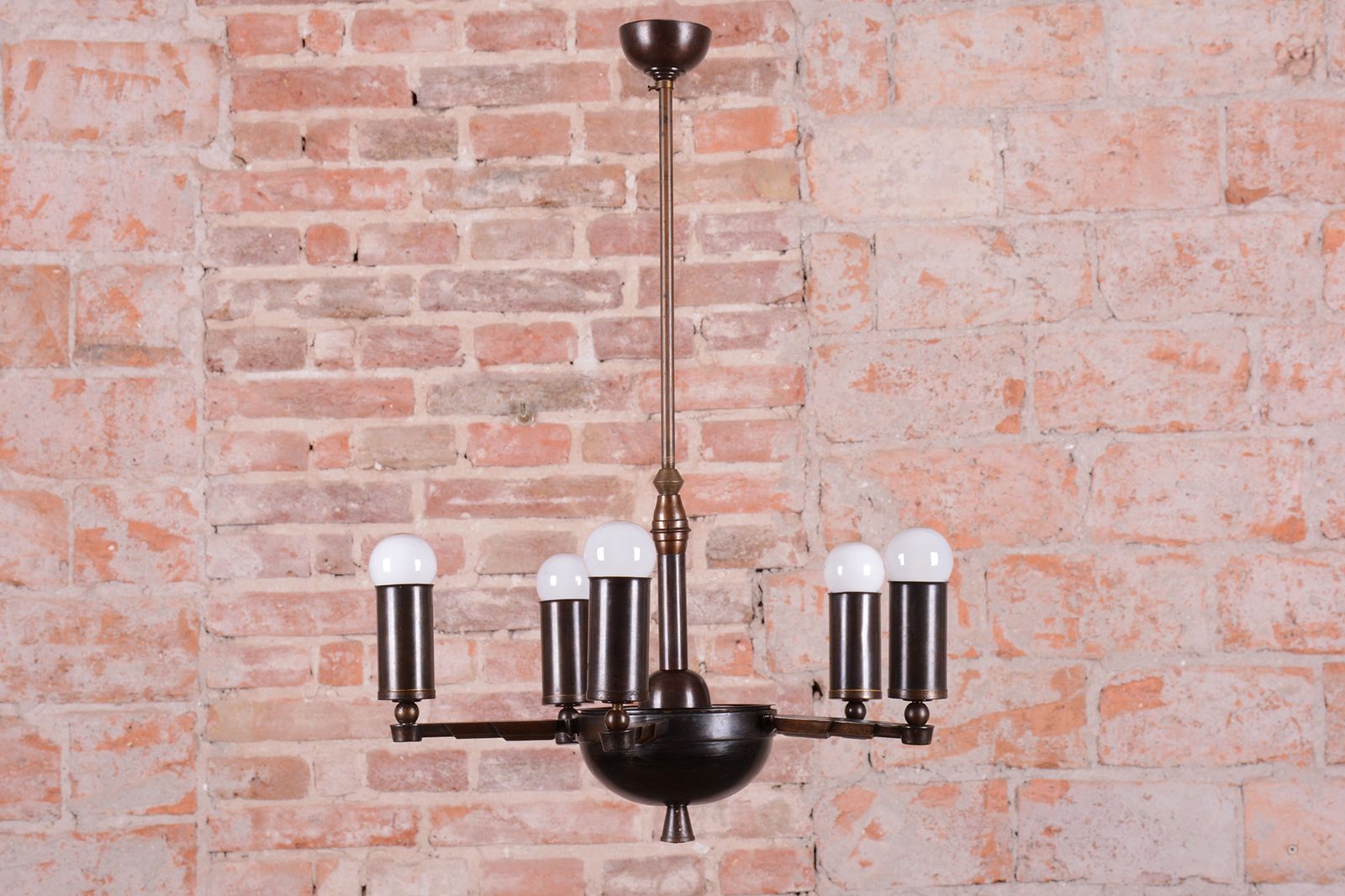 Restored Cubist Chandelier, Patinated Brass, Bronze, Czech, 1910s photo furniture