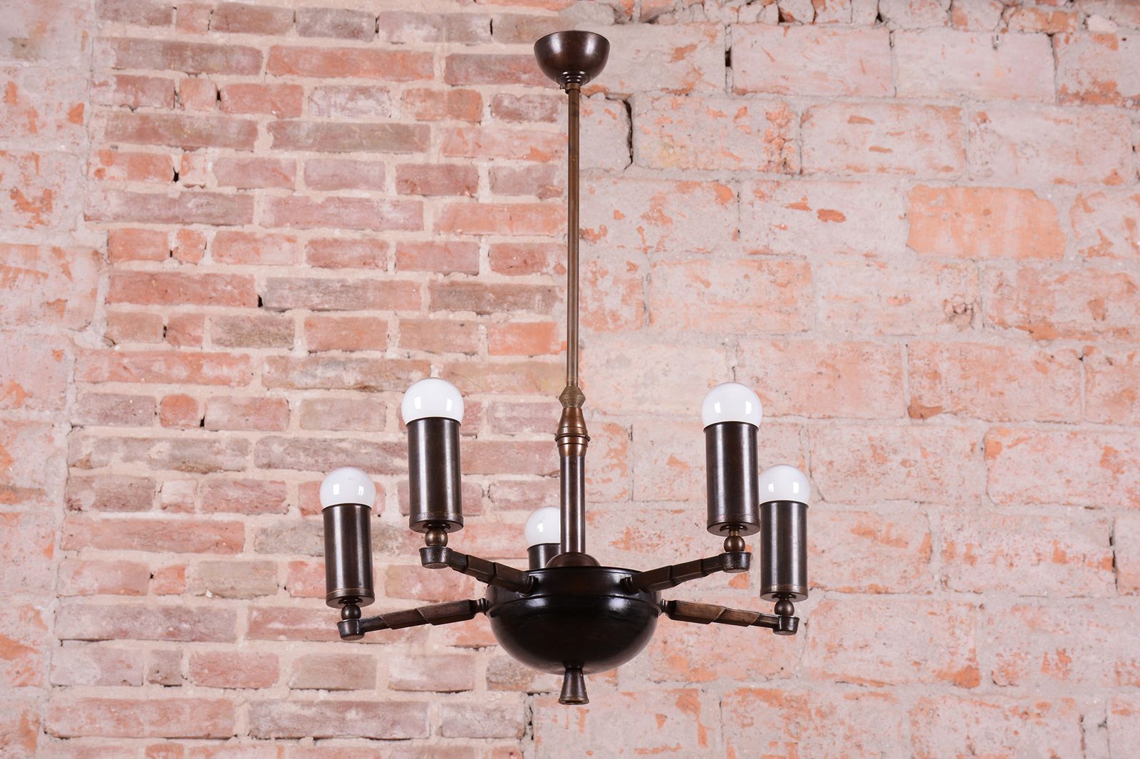 Restored Cubist Chandelier, Patinated Brass, Bronze, Czech, 1910s photo for sale