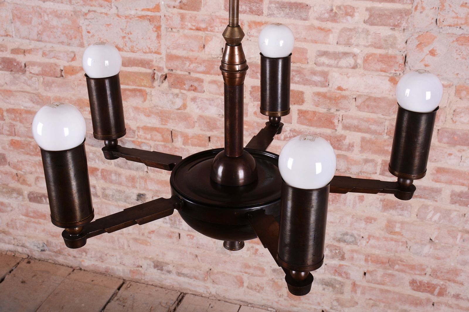 Restored Cubist Chandelier, Patinated Brass, Bronze, Czech, 1910s photo 1450.0
