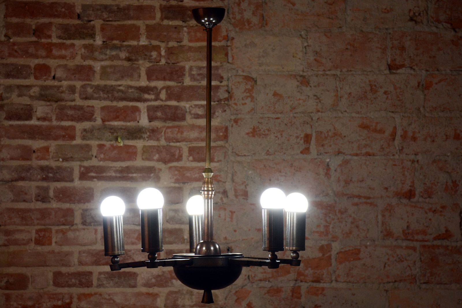 Restored Cubist Chandelier, Patinated Brass, Bronze, Czech, 1910s photo buy