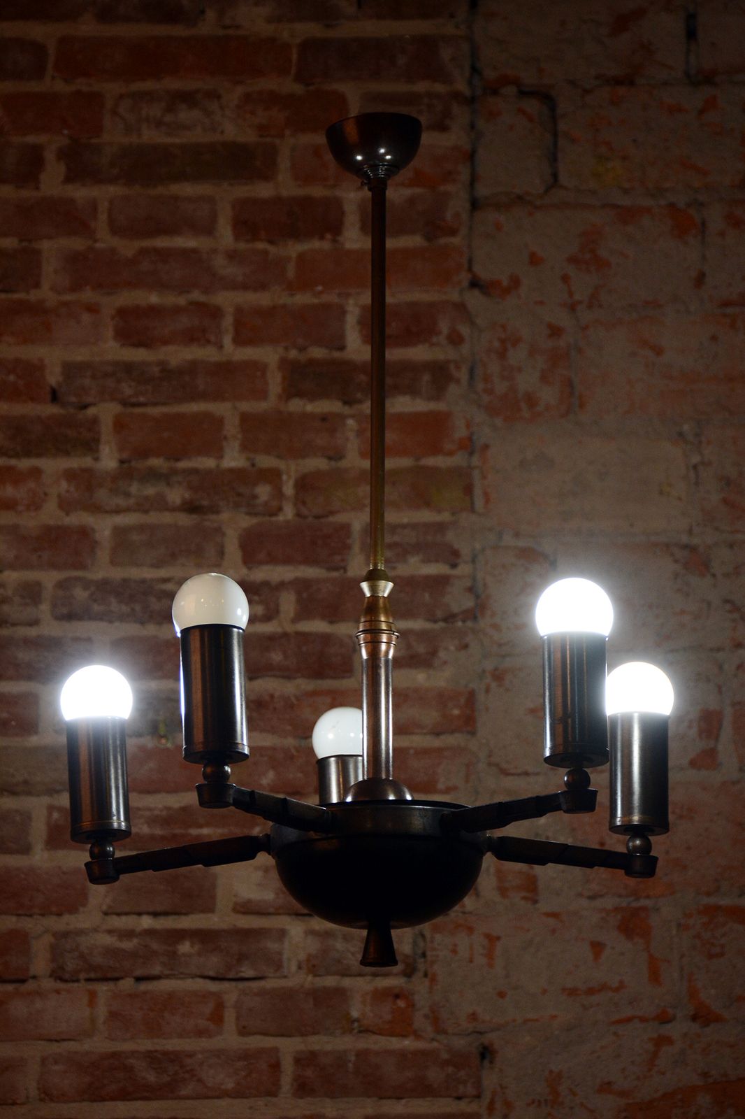 Restored Cubist Chandelier, Patinated Brass, Bronze, Czech, 1910s photo vintage