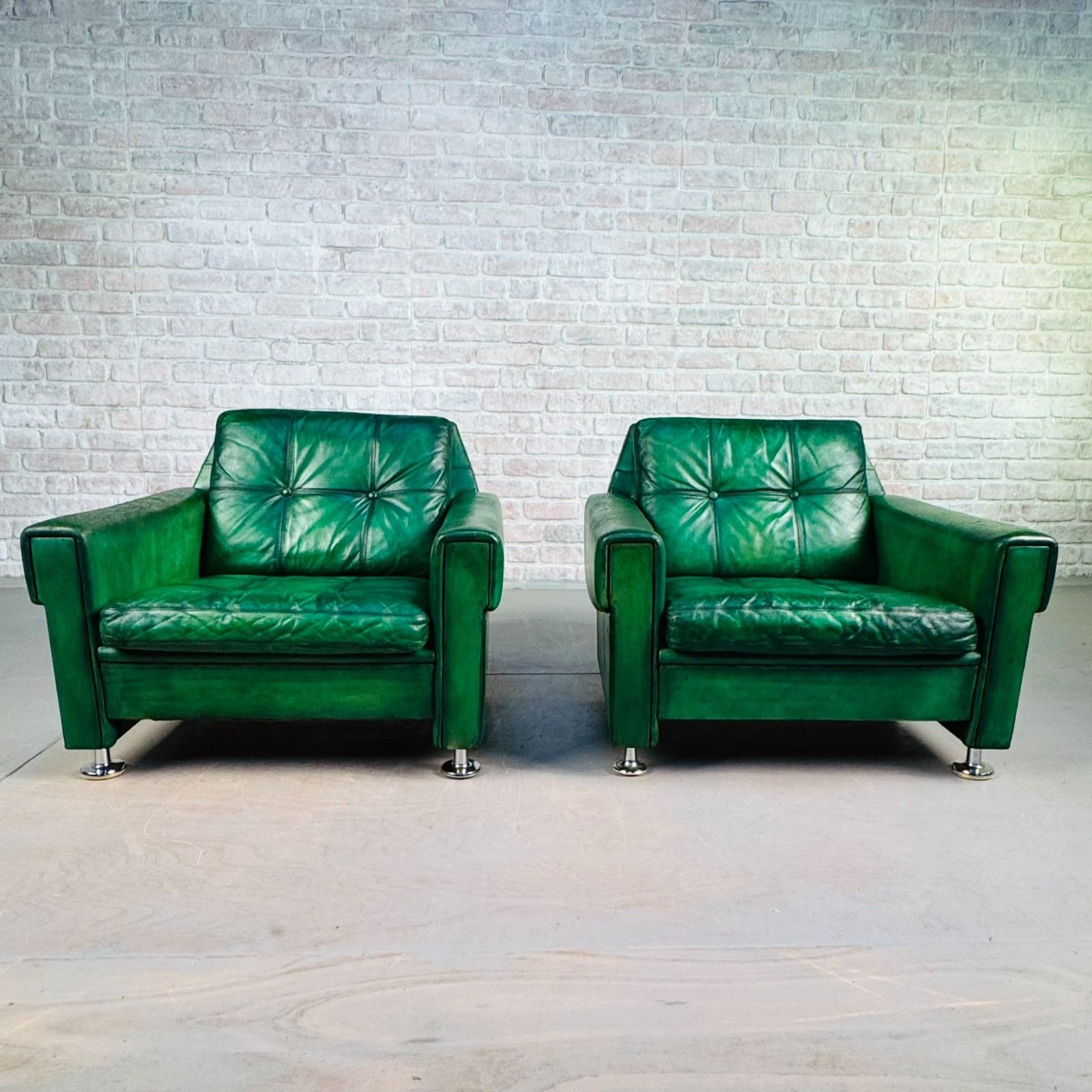 Vintage Danish Green Leather Pair Of Armchairs By Svend Skipper #A850 photo for sale