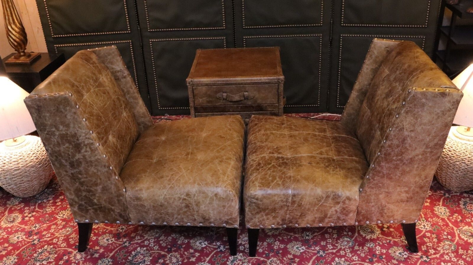 photo furniture Pair Timothy Oulton Andrew Martin Triton Leather Armchairs Sidetable Cabinet🚚🚚