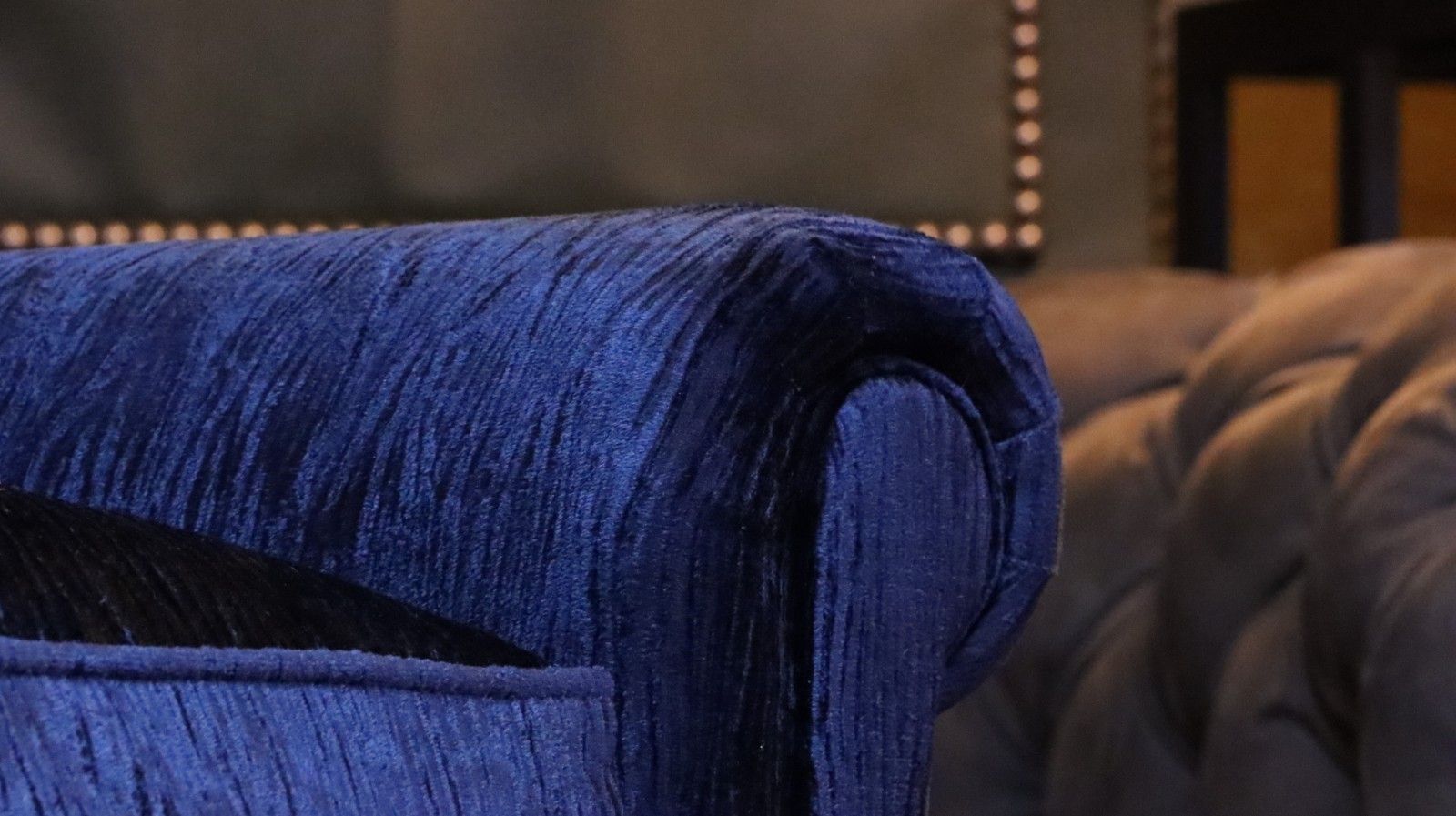 photo furniture George Smith Full Scroll Arm Signature Armchair Navy Blue Villandry Velvet Del🚚