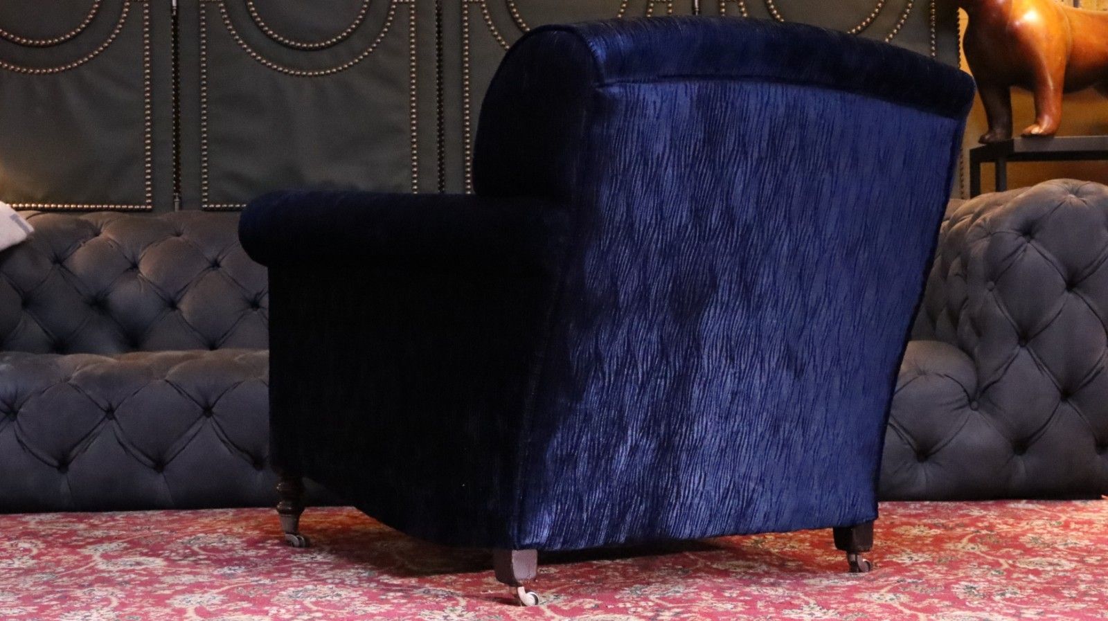 photo vintage George Smith Full Scroll Arm Signature Armchair Navy Blue Villandry Velvet Del🚚
