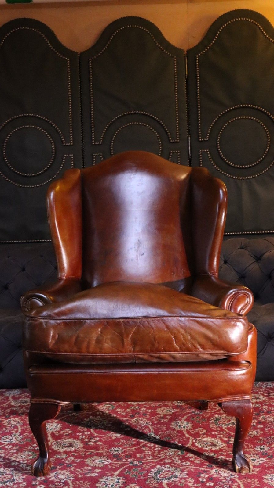 Superb Antique Leather Wingback Club Library Fireside Armchair Whisky Tan Del 🚚 photo buy