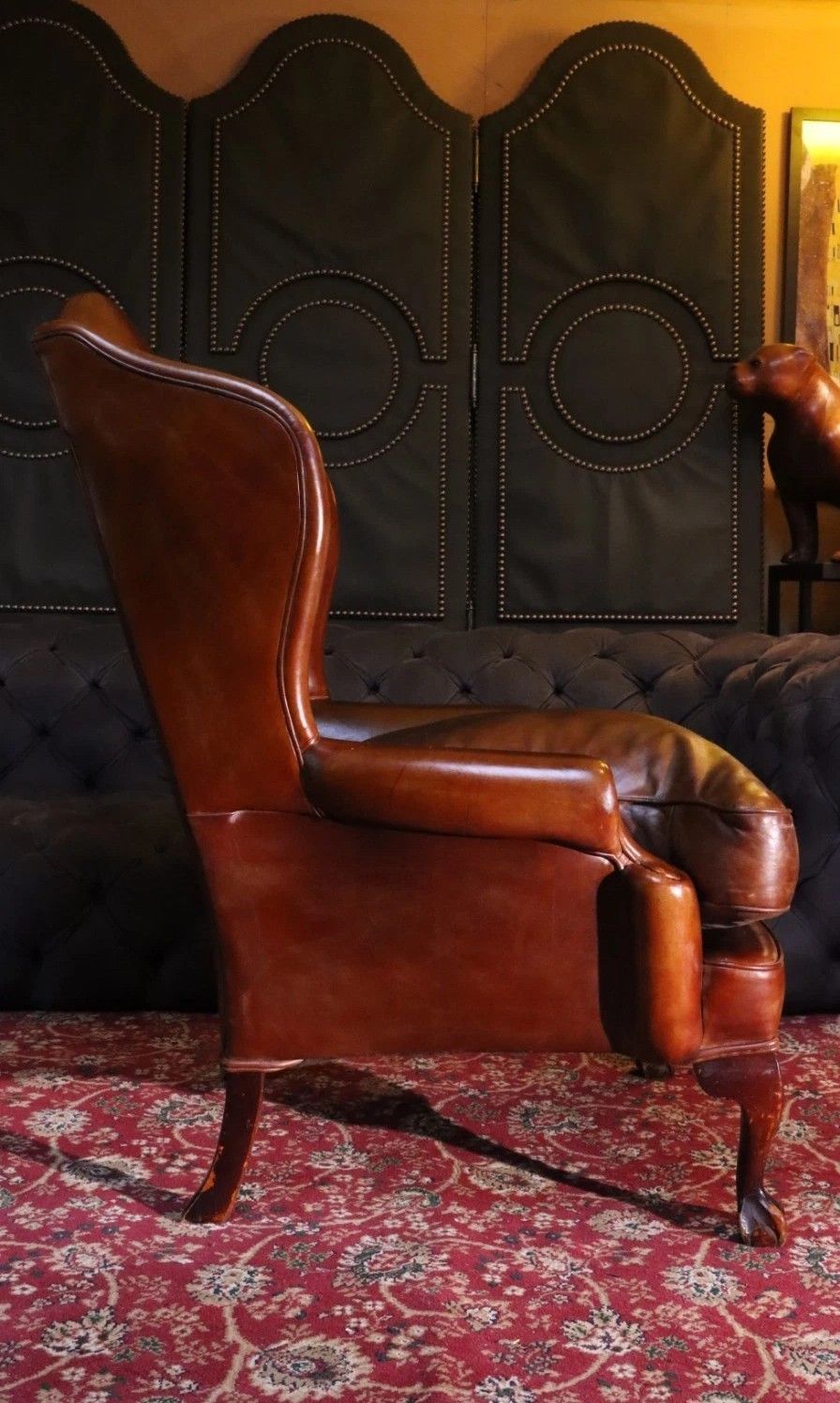 1200.0 Superb Antique Leather Wingback Club Library Fireside Armchair Whisky Tan Del 🚚 photo